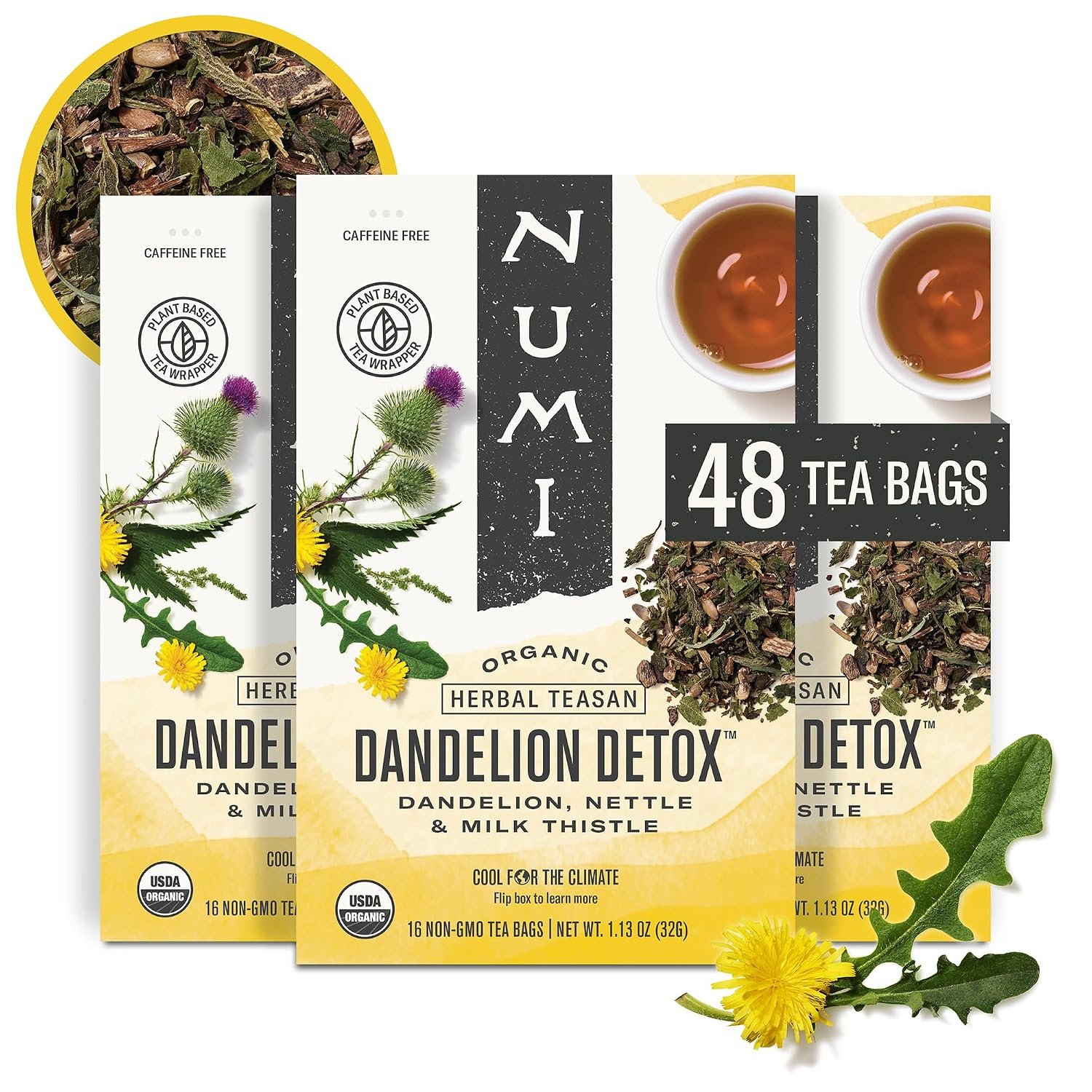 Numi Organic Dandelion Detox Tea, 48 Herbal Tea Bags, Caffeine Free | Herbal Blend with Dandelion Root, Nettle & Burdock