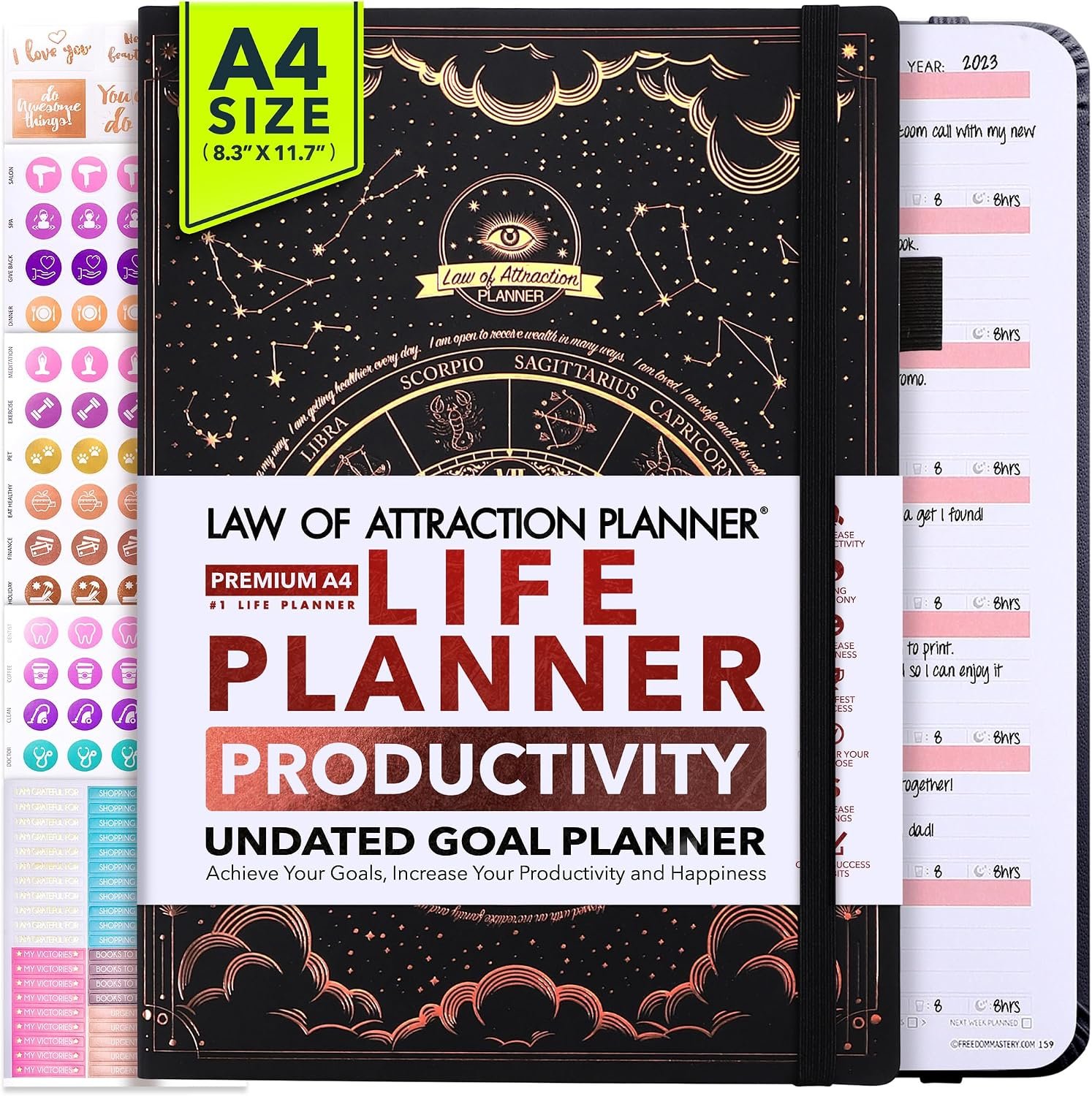Life Planner Deluxe Undated Planner Weekly and Monthly Manifestiing Journal | Start Anytime Manifestation Journal with Hourly Scheduling, Goal Setting, Positivite Habit Tracker, Vision Board & Stickers