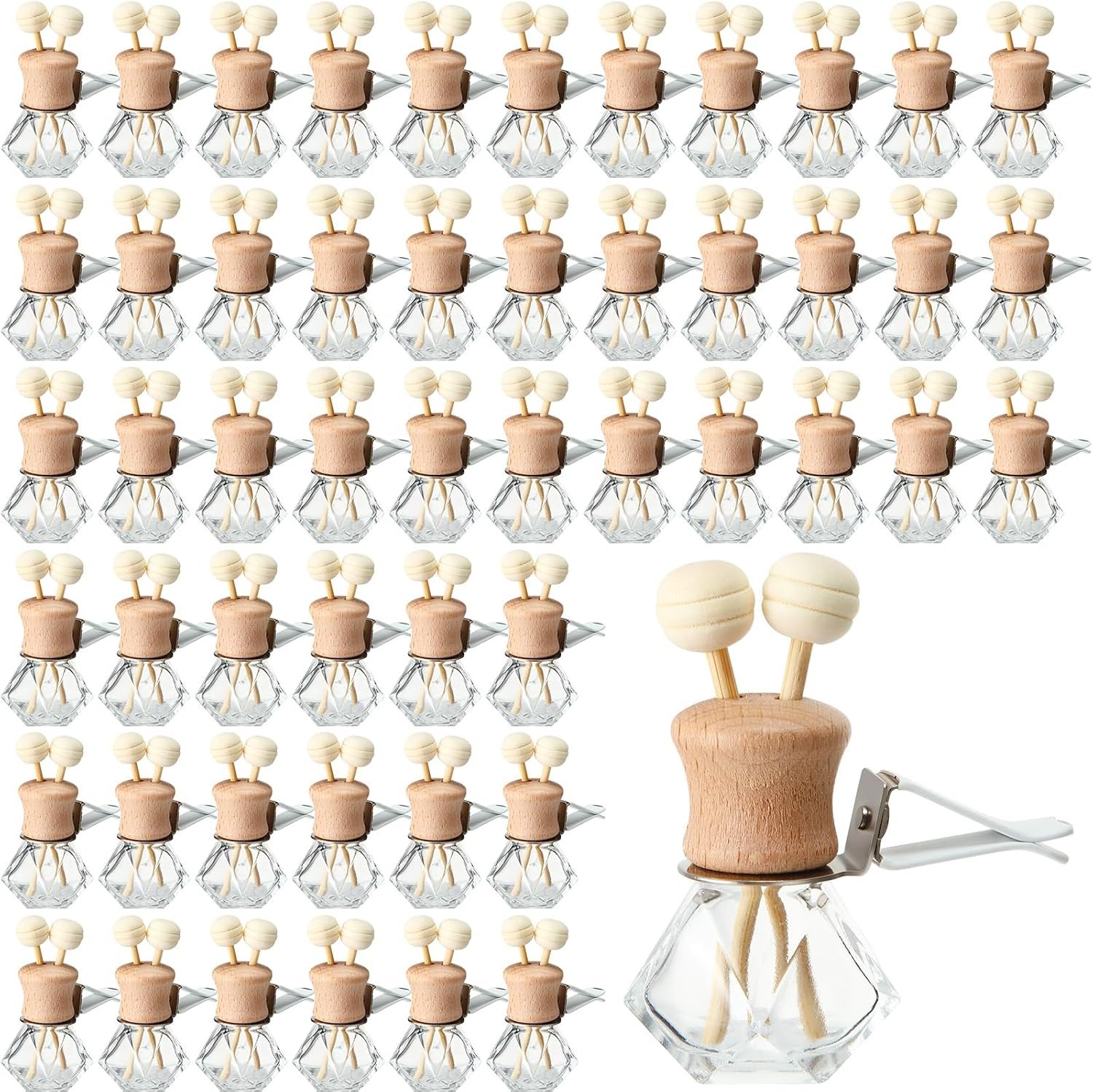 Zubebe 30 Pack 8 ml Diamond Essential Oil Diffuser Bottle Bulk Car Air Freshener Vent Clip Auto Perfume Vent Diffuser for Aromatherapy Fragrance Ornament Decor, Glass Bottle with Wooden Caps Stick