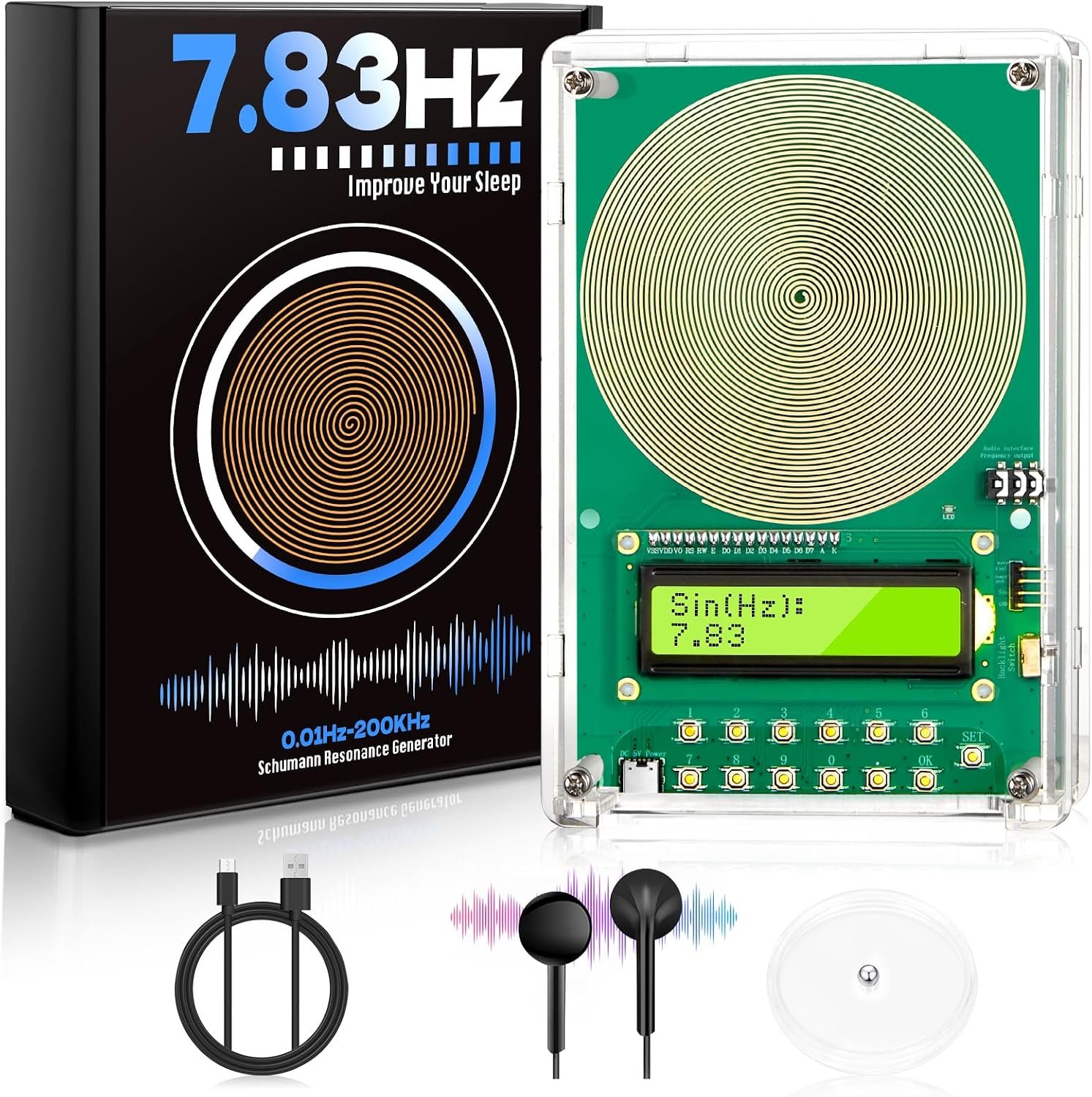 Frequency Generator for Healing – 7.83Hz Schumann Resonance Sound Therapy Device with Acrylic Case for Sleep aid, Meditation, Stress Relief & Yoga (0.01Hz–200kHz)