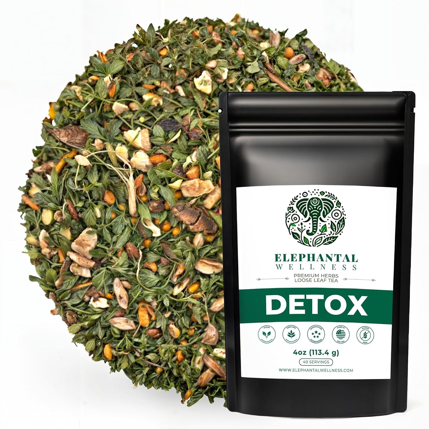 Elephantal Wellness Premium Detox Herbal Tea | Daily Liver, Kidney, Blood & Digestive Support with Turmeric, Milk Thistle, Dandelion & Burdock | Non-GMO, Handmade, Caffeine-Free Loose Leaf Blend – 4oz, 40 Servings