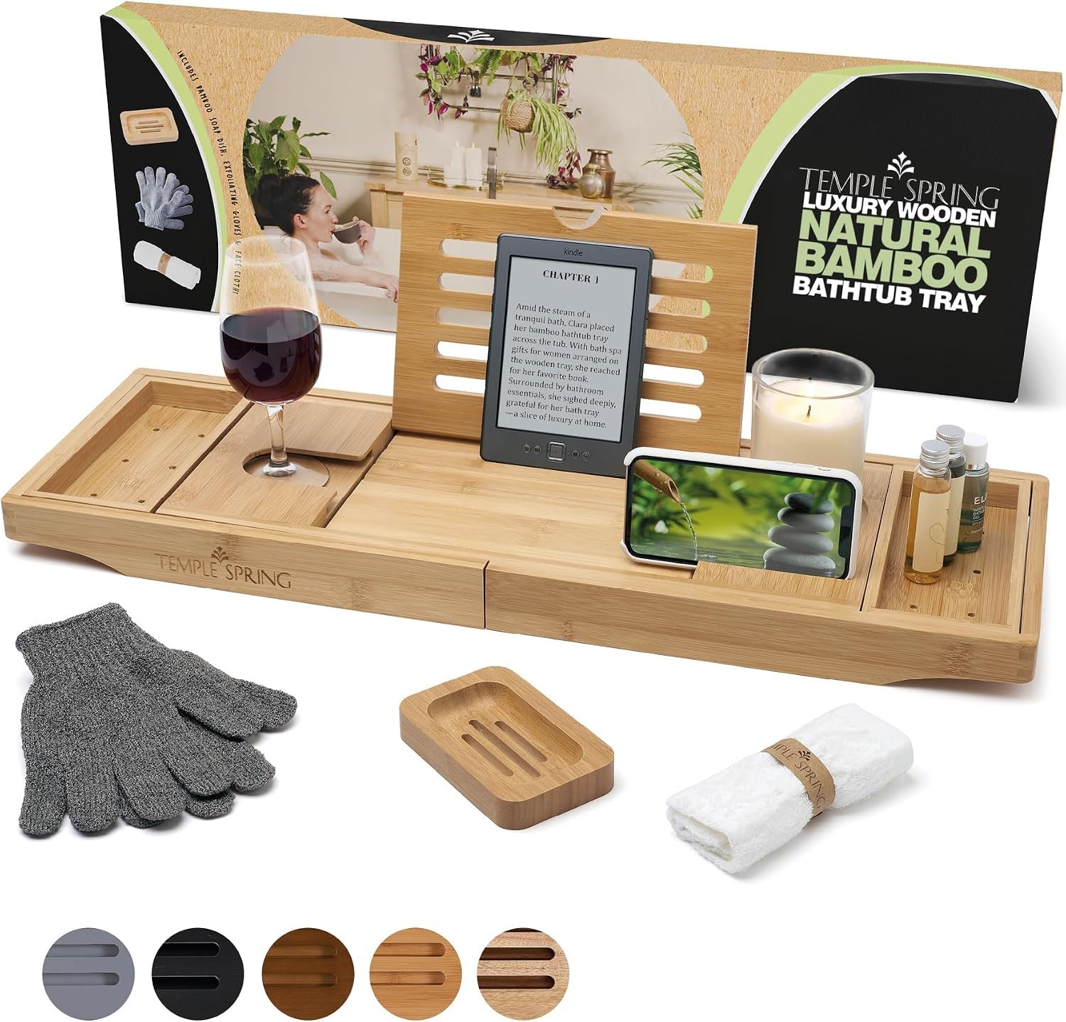 Temple Spring Bamboo Bathtub Tray Caddy for Tub — Expandable Wood Bath Tray with Solid Book Stand Wine Holder and Non-Slip Pads — Includes Bamboo Soap Dish and Spa Accessories — Luxury Bath Gift Set