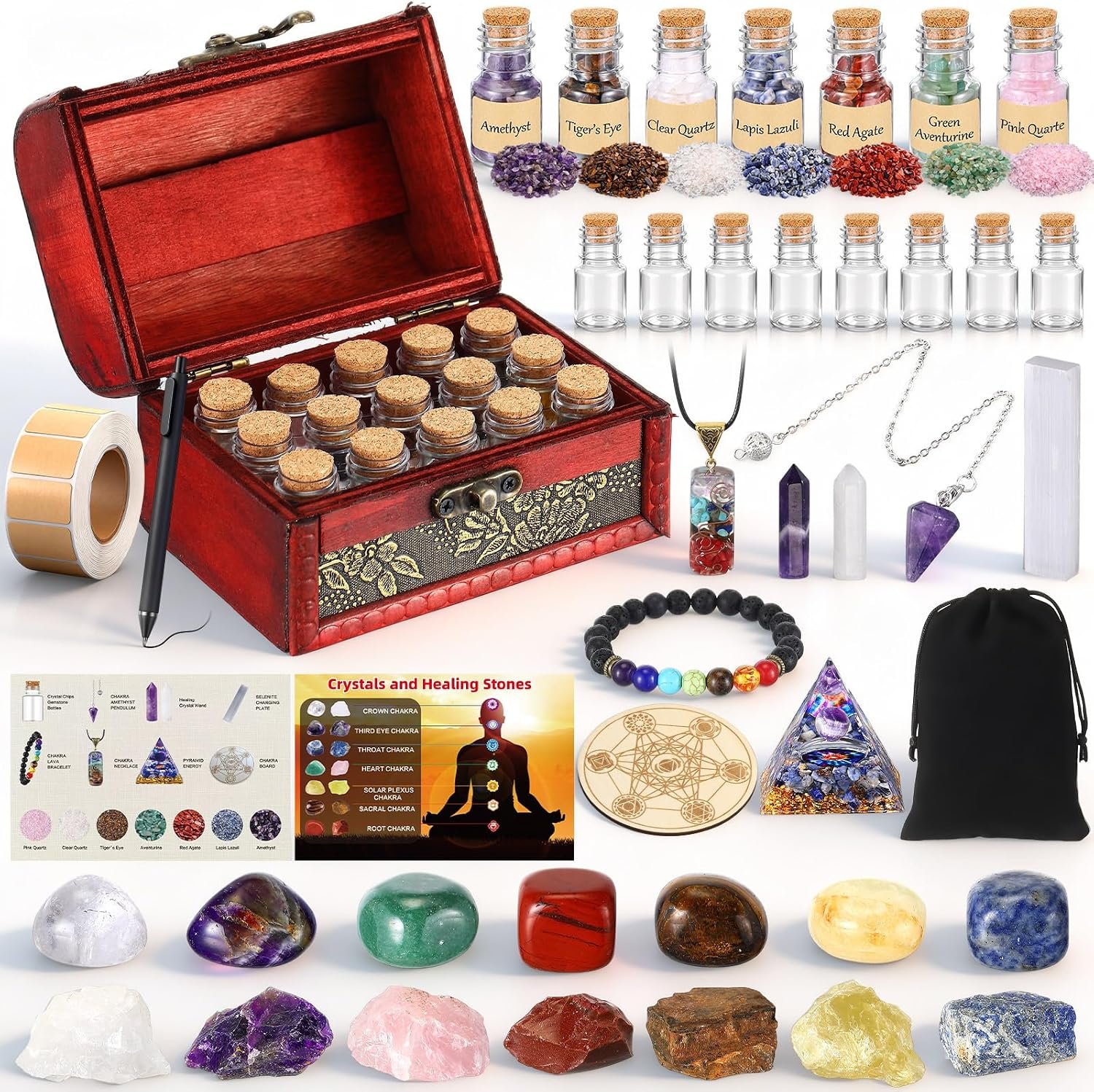 64 Pcs Crystals and Healing Stones Set for Meditation,7 Raw Chakra Stones Crystals Kit Pyramid Reiki Real Crystal Stone with Wooden Box, Lava Bracelet, Chakra Necklace, Gifts for Crystal Beginners