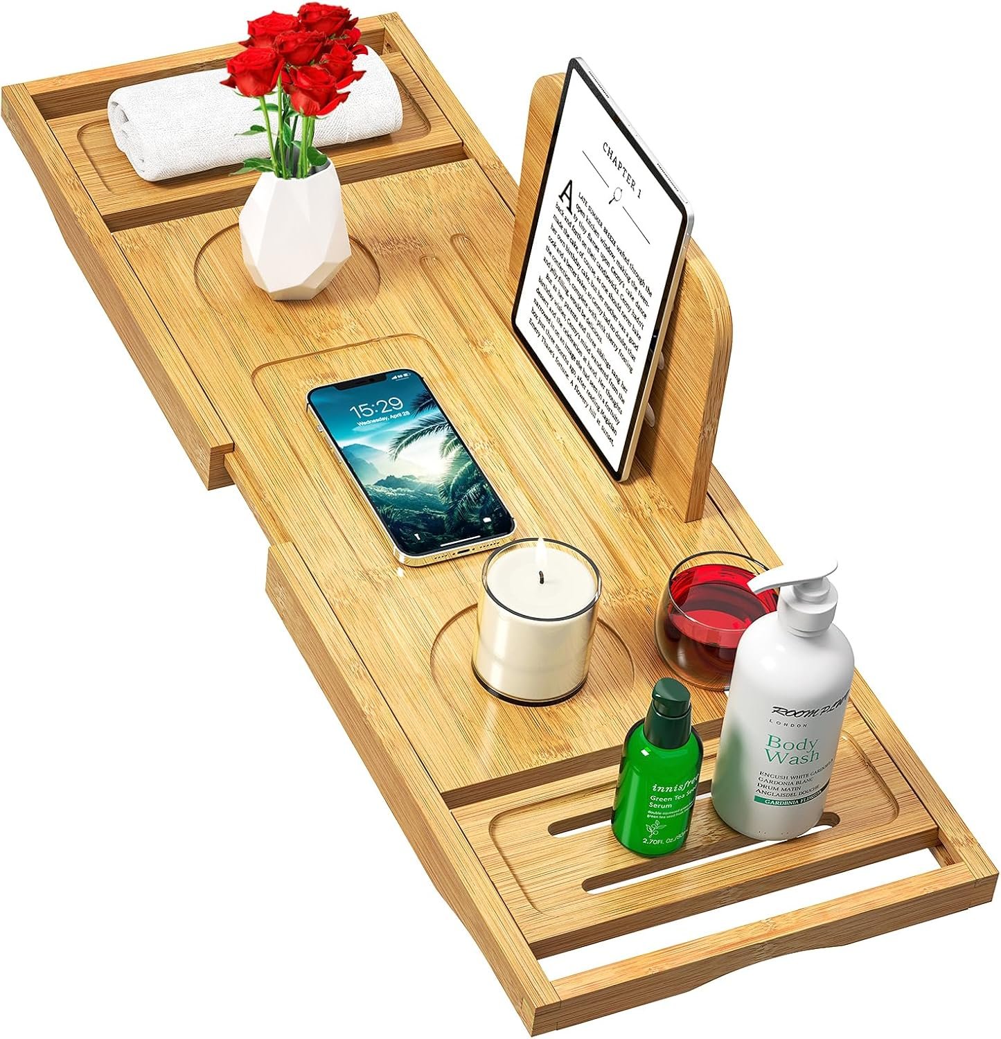 Bathtub Tray Caddy – Bath Tray – Bath Tub Tray Caddy – Bamboo Bath Table Tray for Tub – Expandable Size, Fits Most Tubs
