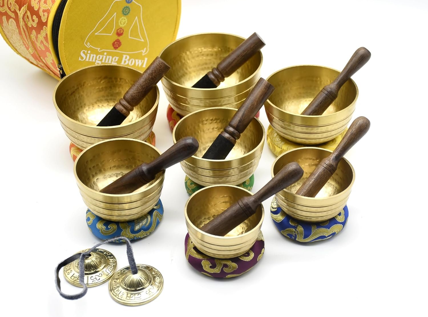 Hand Beaten Tibetan Singing Bowl Set of 7 – High Quality Brass Chakra Sound Healing Bowls for Meditation, Yoga, Reiki – Includes Mallet, Cushion, Striker & Carry Case – Handmade in Nepal