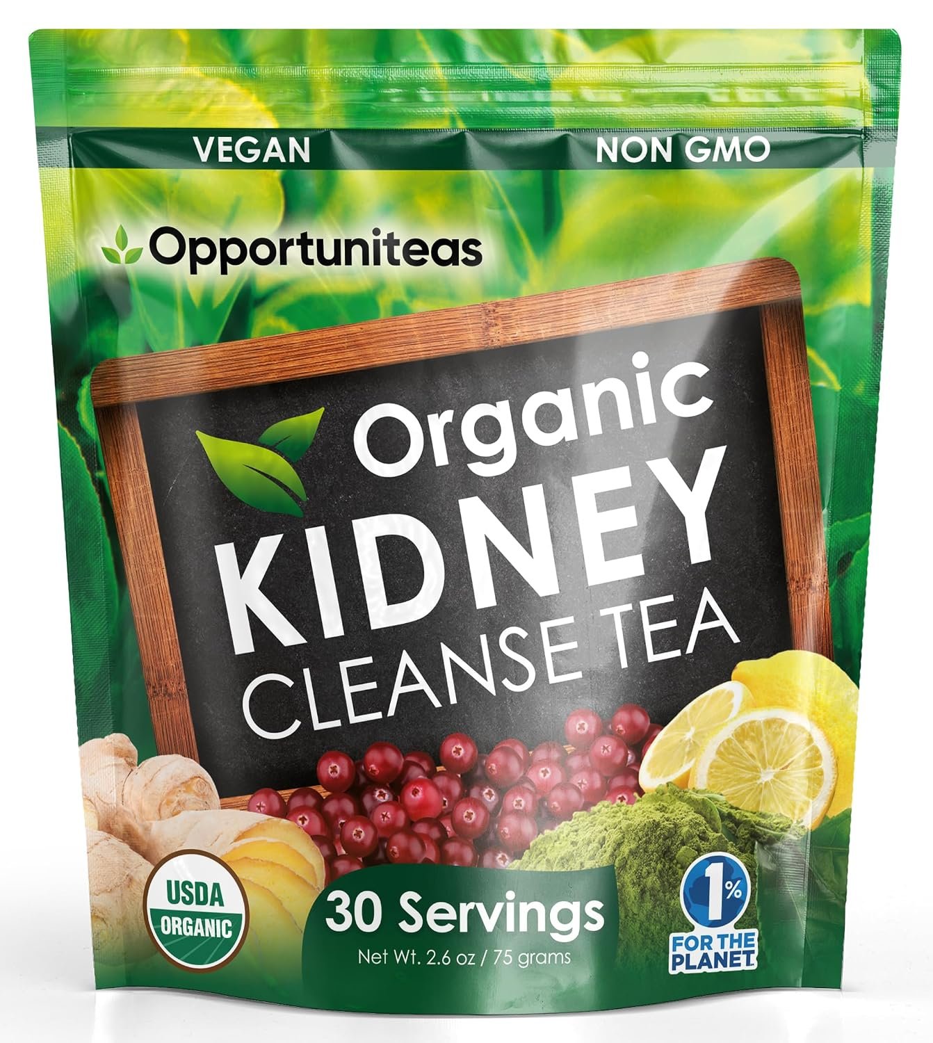 Opportuniteas Organic Kidney Cleanse Detox & Repair Tea – Matcha Green Tea, Cranberry, Lemon & Ginger. 4 Cleansing Superfoods for Drinks. Vegan & Non-GMO – 30 Servings