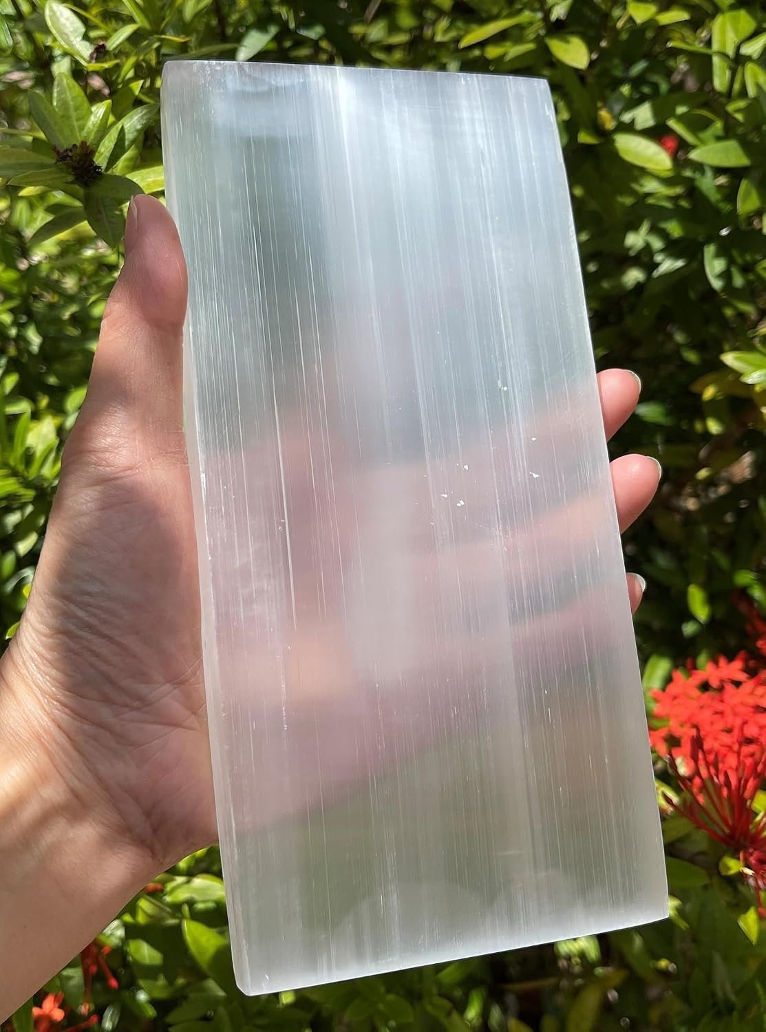 GAF TREASURES Large Charging Plate, 8 x 4 Inch Polished Selenite Slab – Crystal Tile, Moroccan Mineral