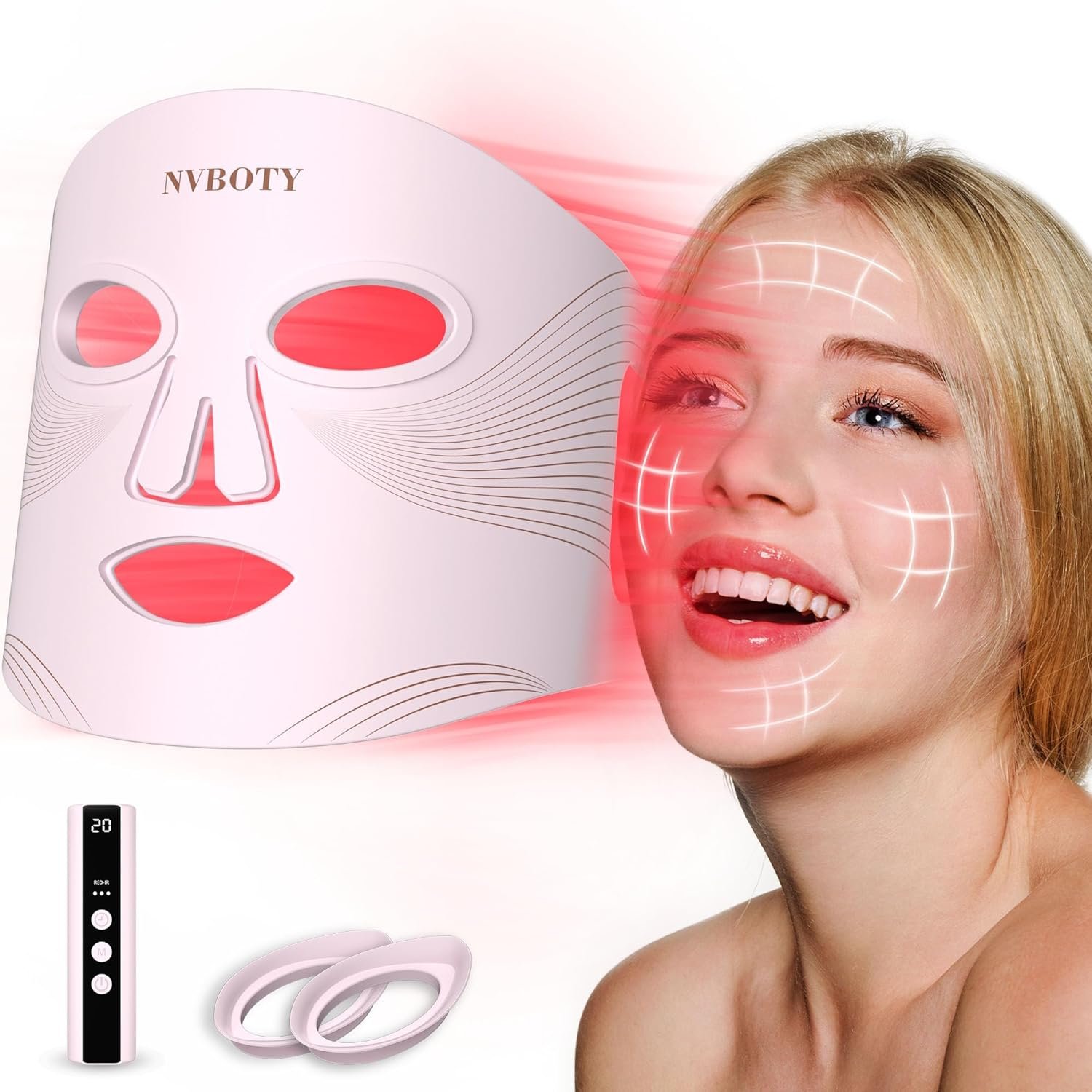 NVBOTY Red Light Therapy Mask, 4 Modes Portable Red Light Therapy for Face, 2000mAh Rechargeable Remote, Blue, Orange, 850NM Infrared & Red Light Mask, 400 LEDs, Timing Function, at Home & Travel