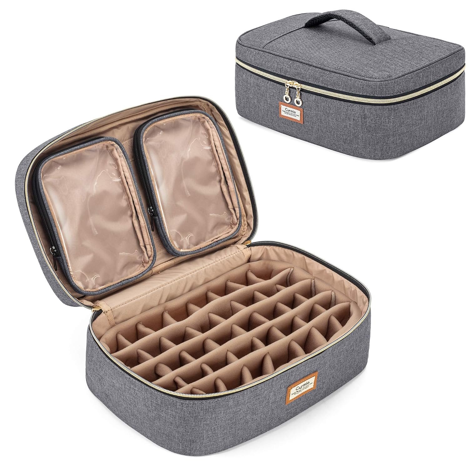 CURMIO Essential Oil Storage Case for 40 Bottles (5ml-30ml), Essential Oils Organizer Case with 2 Detachable Visible Pouches and Portable Handle, Patented Design, Gray (Bag Only)