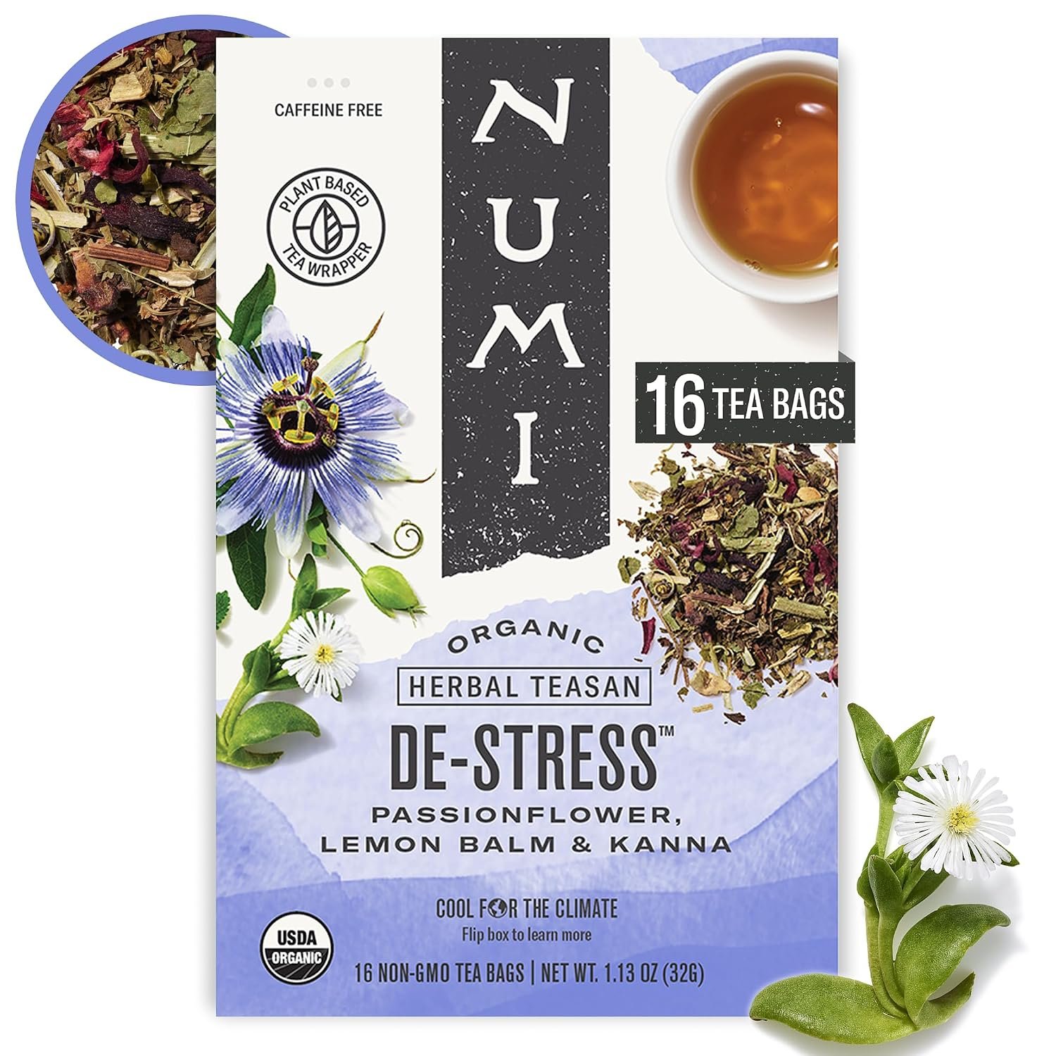Numi Organic De-Stress Tea Bags, 16 Herbal Tea Bags, Caffeine Free