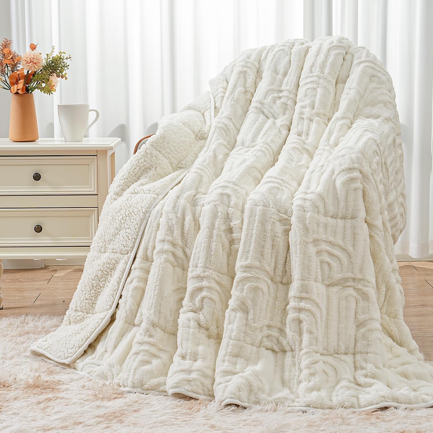 Wemore Fleece Weighted Blanket Queen Size 15lbs, Soft Sherpa Heavy Blankets | 60″ x 80″ Cream White, Adults Jacquard Knitted Throw for Better Sleep and Relaxing, Comfort Fluffy Cozy Warm Chunky