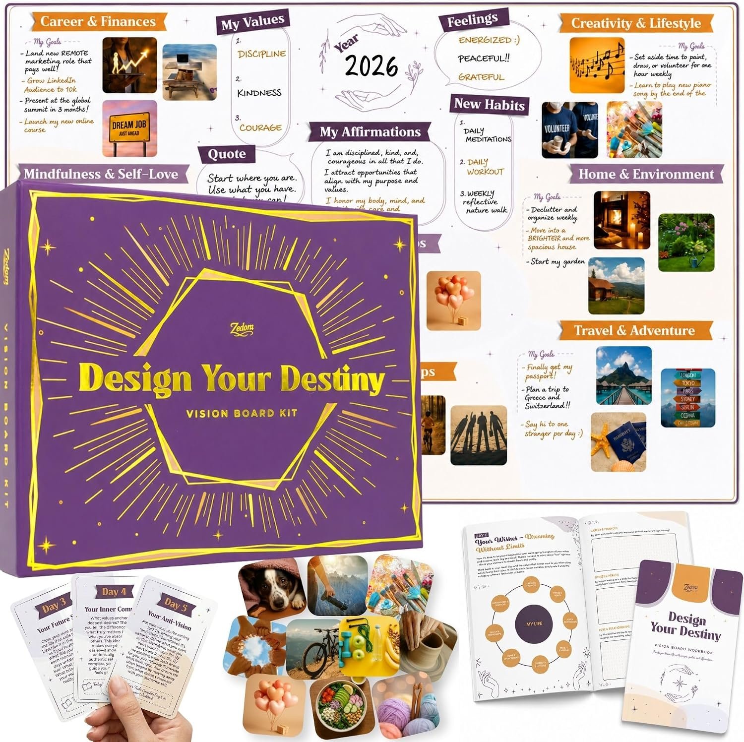ZEDORA Guided Vision Board Kit – Manifestation Journal, 160 Picture Cards, Affirmation Cards & More. Design Your Destiny with our 24-Day Journey | Great Gift for Women | Vision Board Supplies Included