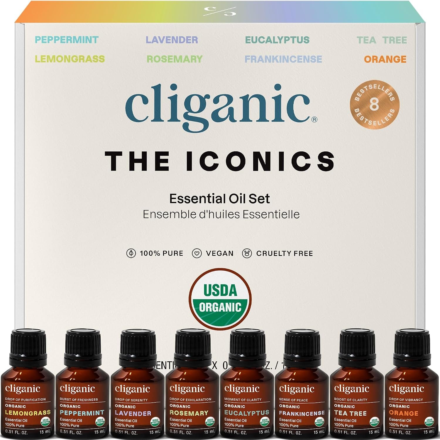 Cliganic Organic Aromatherapy Essential Oils Gift Set (Top 8), 100% Pure – Peppermint, Lavender, Eucalyptus, Tea Tree, Lemongrass, Rosemary, Frankincense & Orange