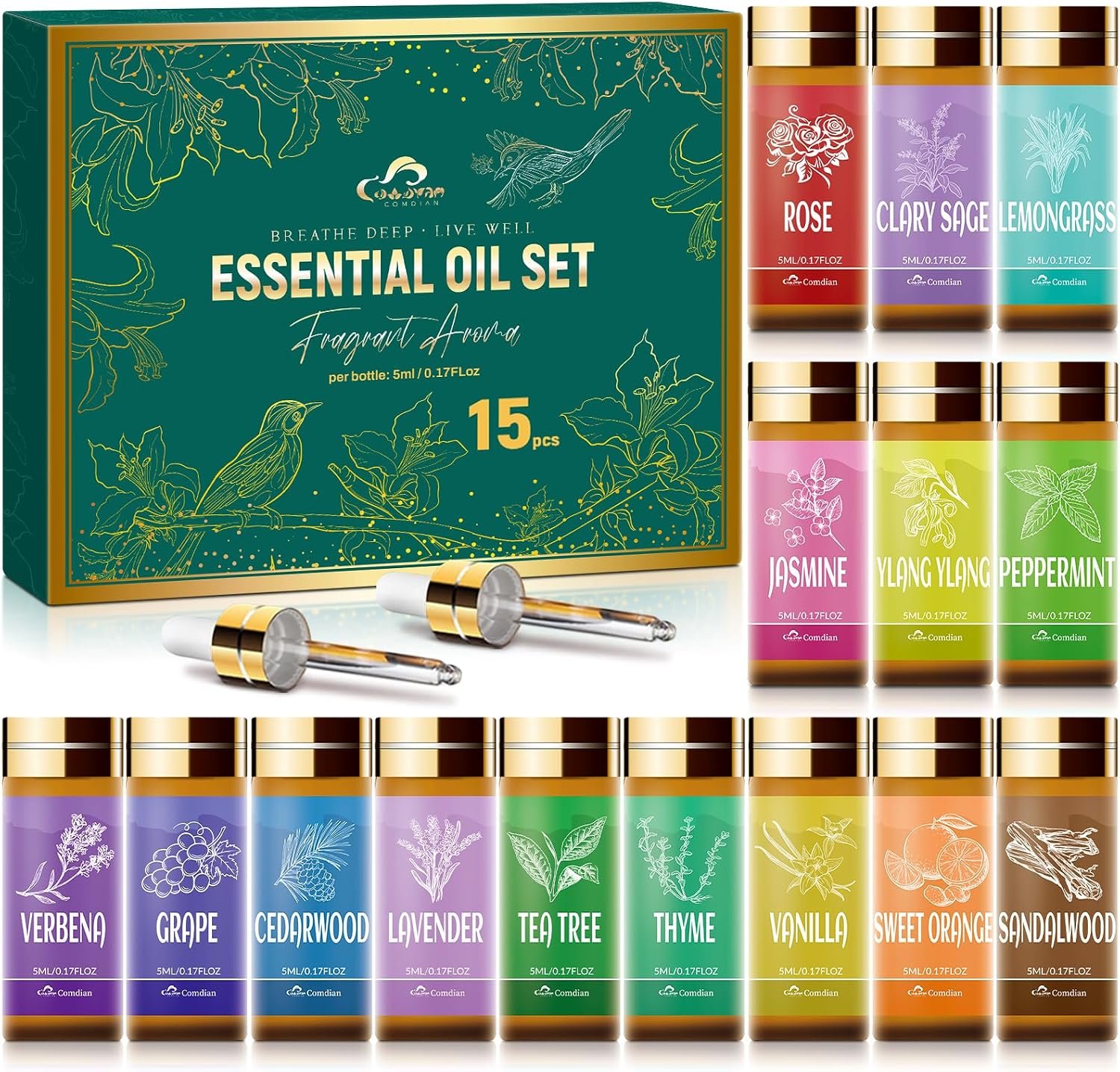 Essential Oil Set, 15 Pcs Fragrance Aromatherapy Oils for Skin, Diffusers, Home Care, Humidifier Laundry, Candle Making – Tea Tree, Sandalwood, Lavender, Vanilla, Peppermint and More(5mL)