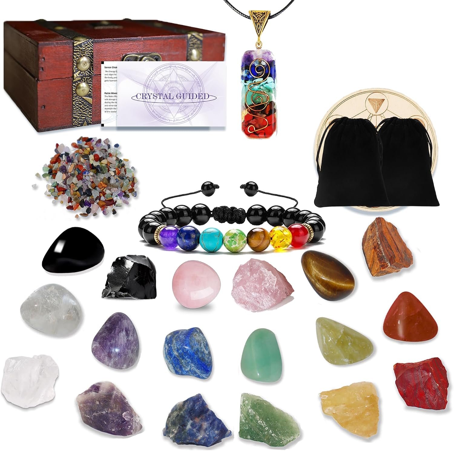 Crystal Sets for Healing,Crystal Healing Stones 9 Raw Crystals, 9 Tumbled Stones,Healing Crystal Bracelet,Chakra Necklace,Pendulum Board,Beginners Meditation Crystals Yoga Crystal Gift Set