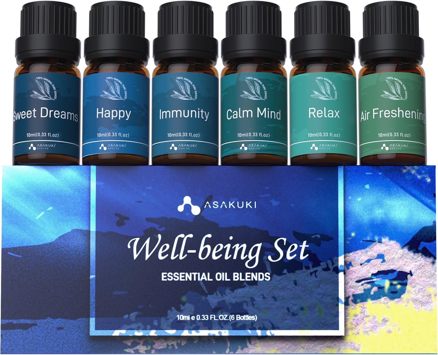 ASAKUKI Essential Oils, Well-Being Essential Oil Set- Calm Mind, Sweet Dreams, Happy, Relax, Air Freshening, Immunity for Diffuser, Waterless Diffuser, Aromatherapy and Humidifiers, 6x10ml
