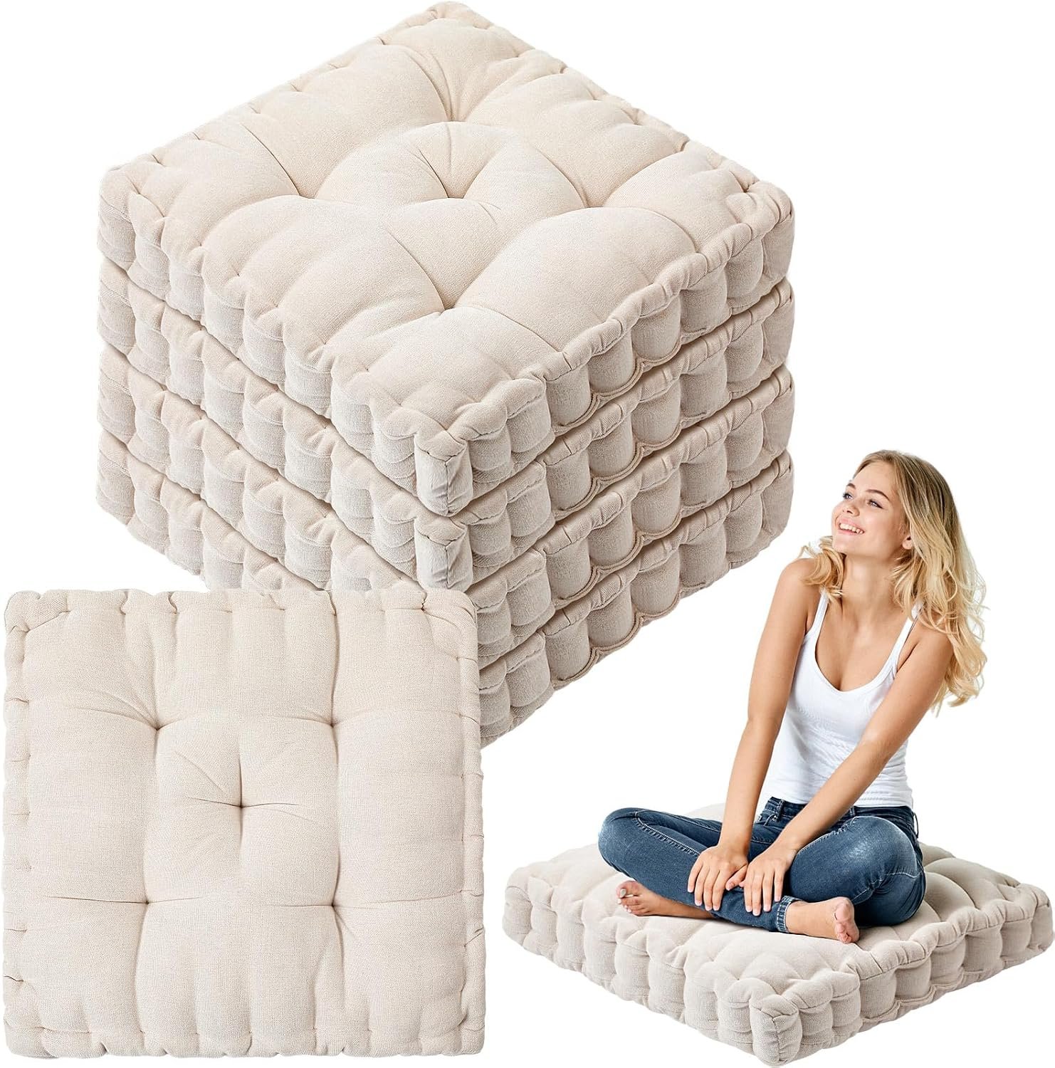 Jerify 4 Pcs Floor Pillow Cushions Large Round Square Large Meditation Floor Pillow for Classroom Adult Meditation Picnic Party Seating Learning Daycare School (Square 20 x 20,Ivory White)