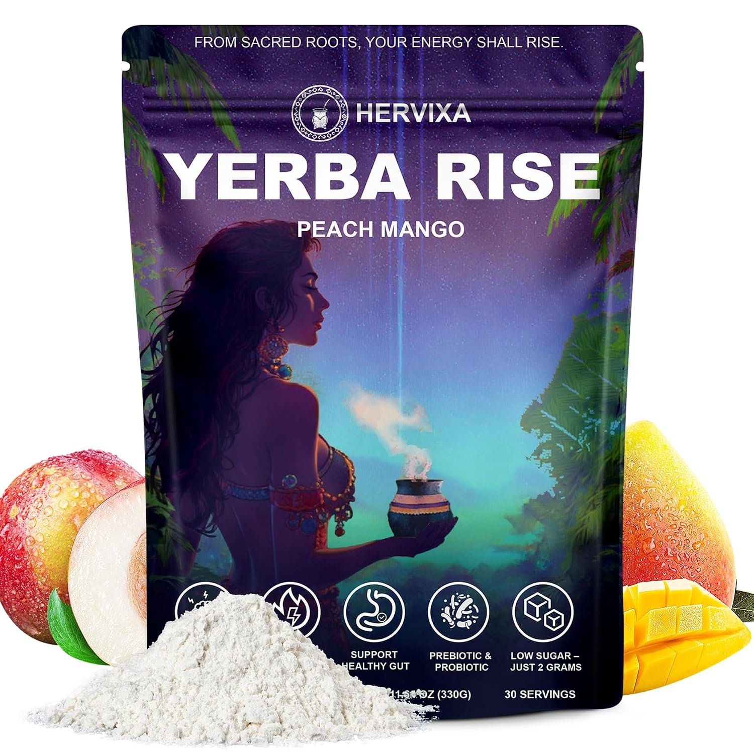 Yerba Rise Yerba Mate Powder, Peach Mango, 330g, 30 Servings | Yerba mate powder with 2g sugar, probiotics, adaptogens, and a smooth cold drink ritual