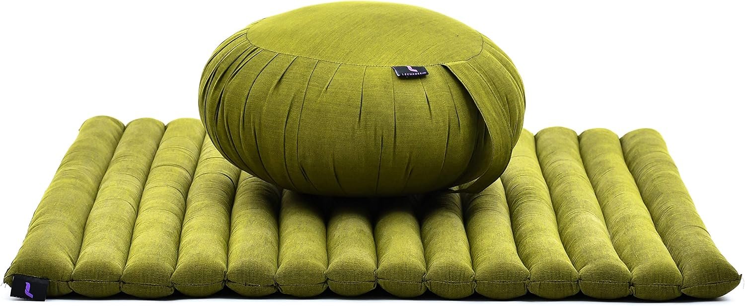 Leewadee Meditation Cushion Set – 1 Round Zafu Meditation Pillow and 1 Square Roll-Up Zabuton Meditation Mat, Pillows Bundle Filled with Kapok