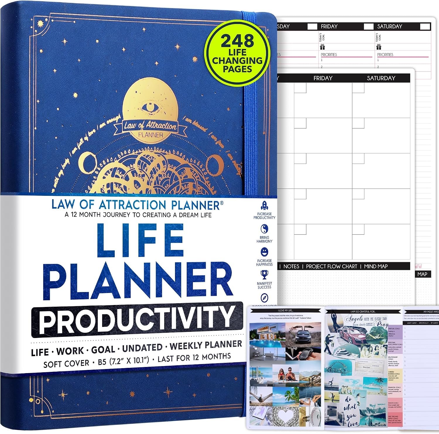 Life Planner Deluxe Undated Planner Weekly and Monthly Manifestiing Journal | Start Anytime Manifestation Journal with Hourly Scheduling, Goal Setting, Positivite Habit Tracker, Vision Board & Stickers
