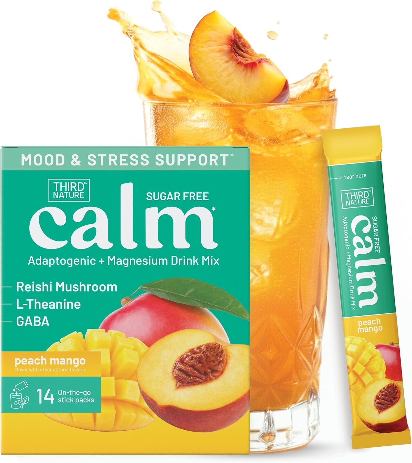 Third Nature Calm Powdered Drink Mix for Stress Support, Relaxation, Healthy Cortisol & Focus – No Sugar, Non-GMO On-The-Go Calming Drink with Magnesium Glycinate, GABA, Peach Mango, 14 Stick Packs