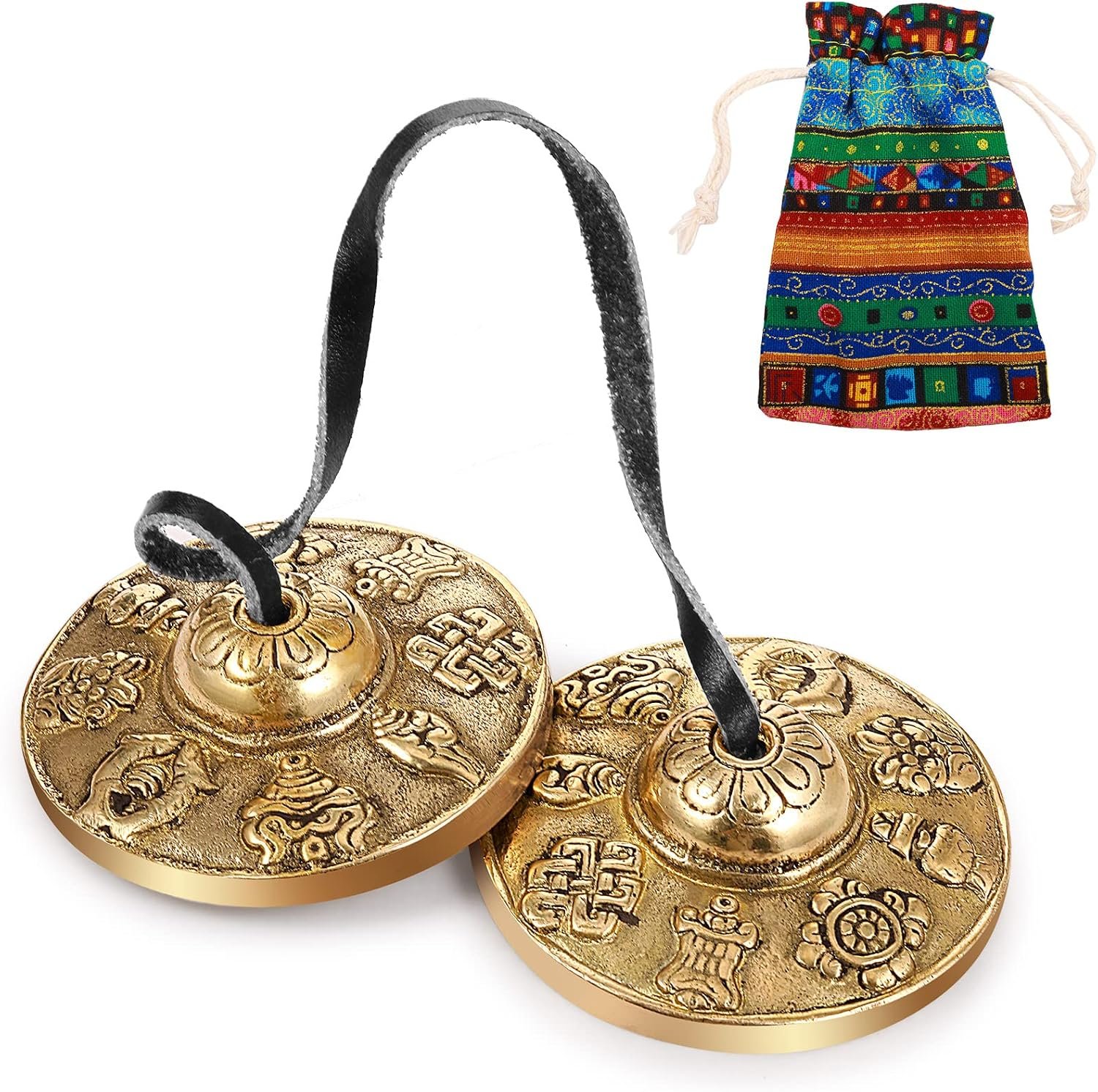 Boao Tibetan Bells Tingsha Cymbals Meditation Chime Bells with Tibetan Drawstring Cloth Bag, 6.3 cm Yoga Finger Meditation Chime for Percussion Instrument(8 Lucky Symbols Embossed)