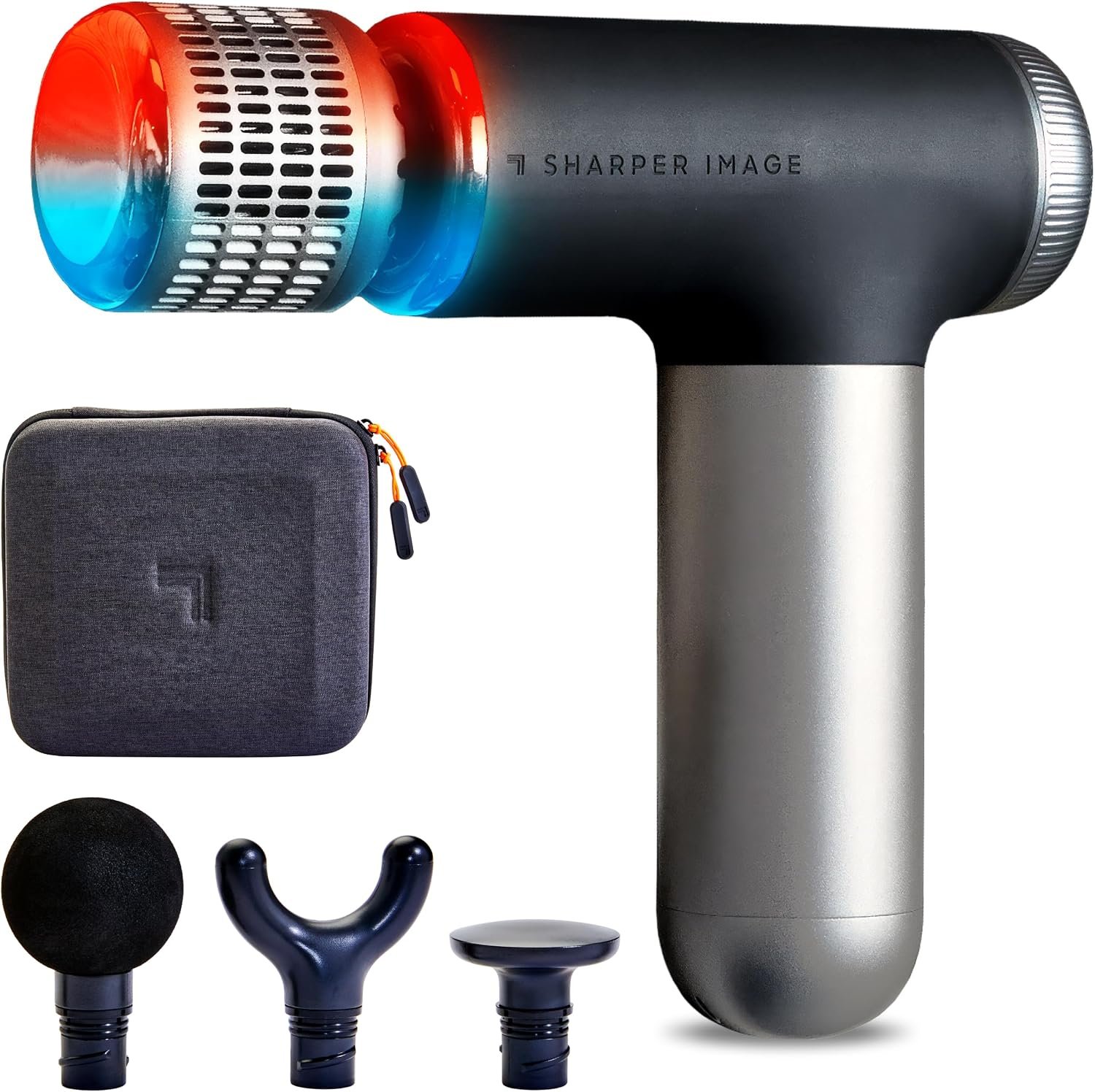 Sharper Image Powerboost Pro+ Hot & Cold Compact Deep Tissue Massage Gun – 6 Speed, 4 Attachments, Travel Case| Soothing Heat & Cold Therapy| Portable Lightweight Full Body Shoulder & Back Massager