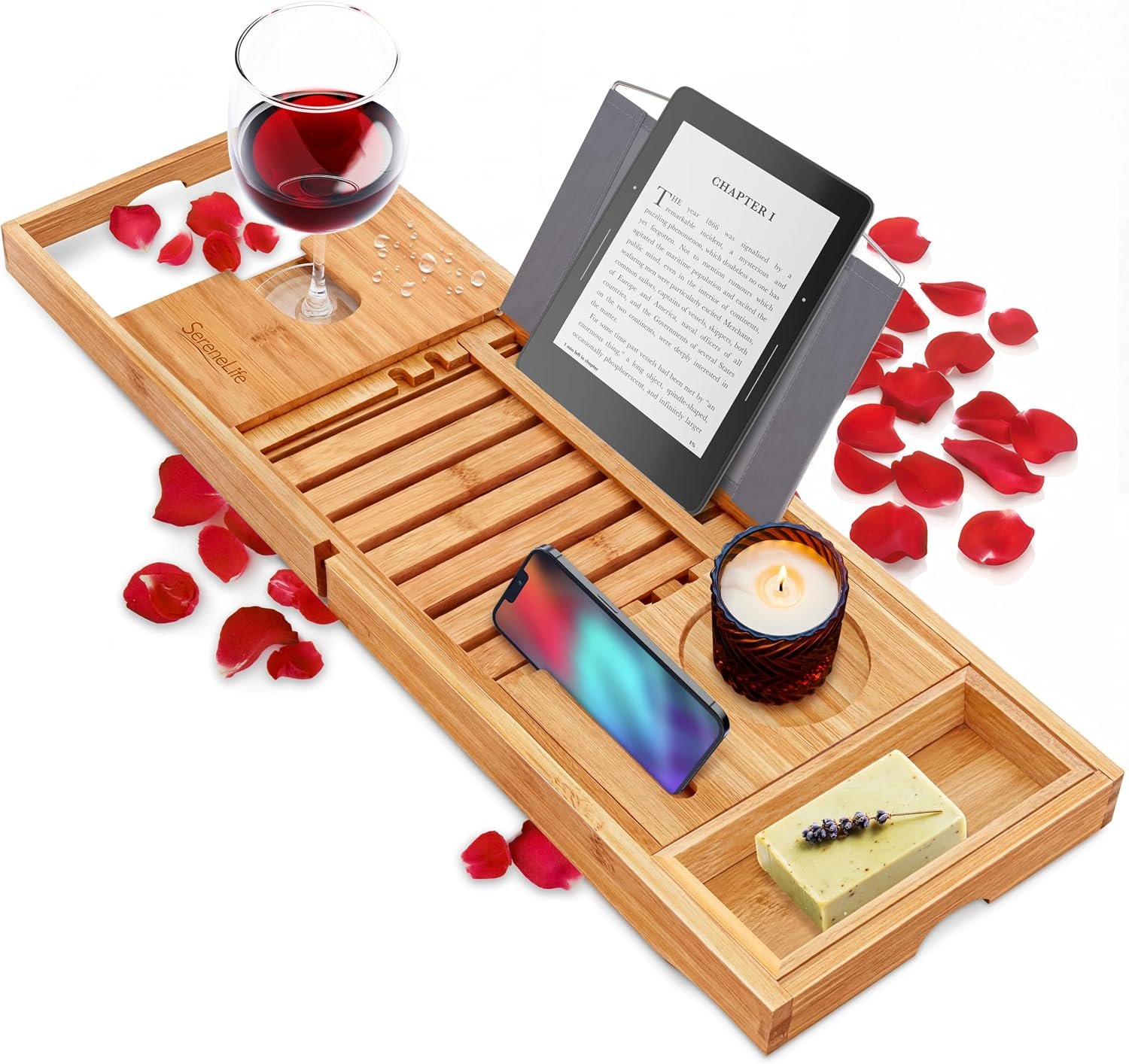 SereneLife Premium Bathtub Tray Caddy, Expandable Bath Tray, Unique House Warming Gifts, Gift for Mom, Women, New Home, Wedding, Anniversary, Bridal Shower, Universal Fit for All Tub – Natural