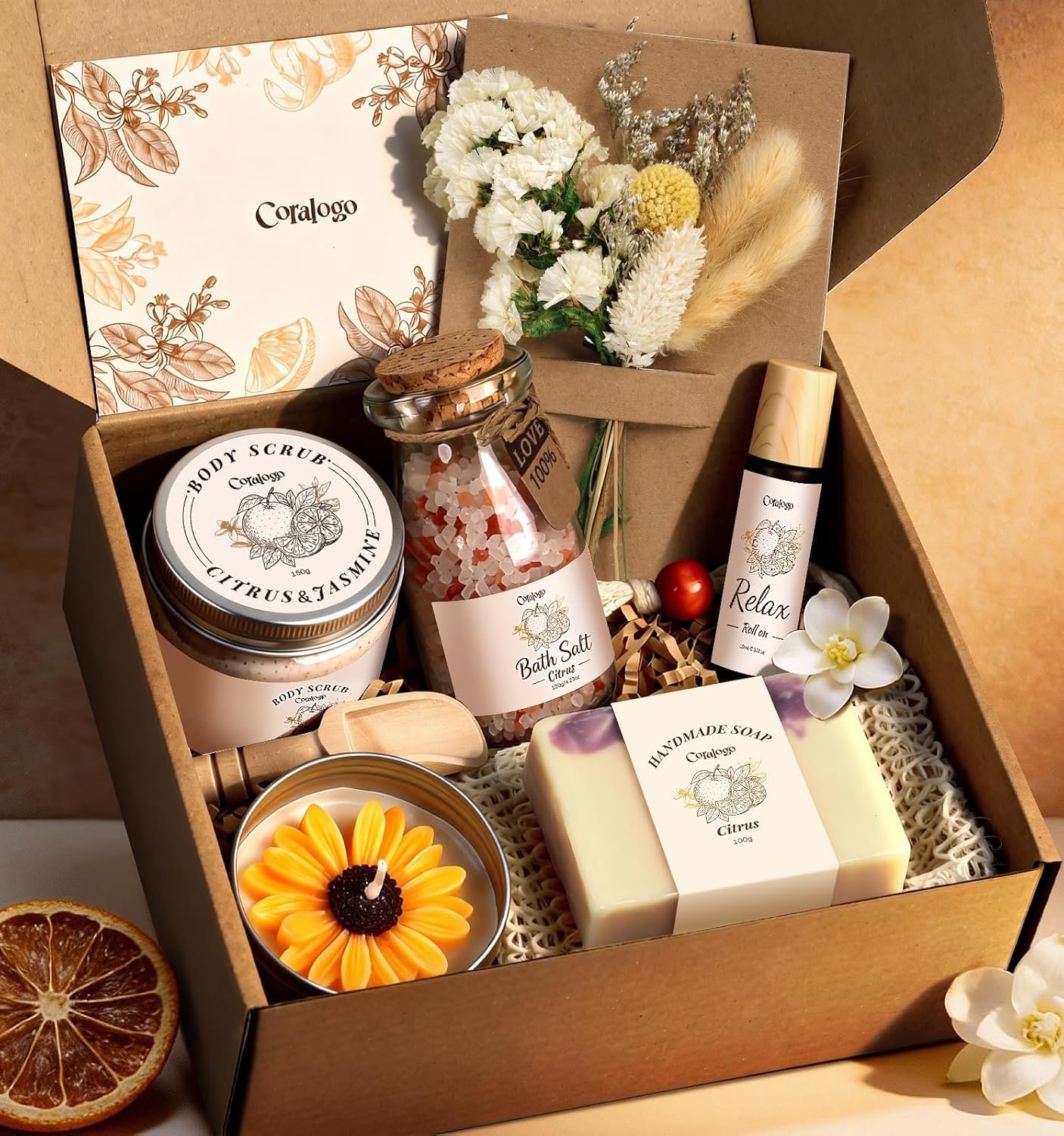 Natural Spa Gift Basket for Women, Citrus Jasmine | Pampering Package, Ready-to-gift, Refreshing scent, Aromatherapy, for Birthday, Get Well Soon Gift Set, for Any Occasion
