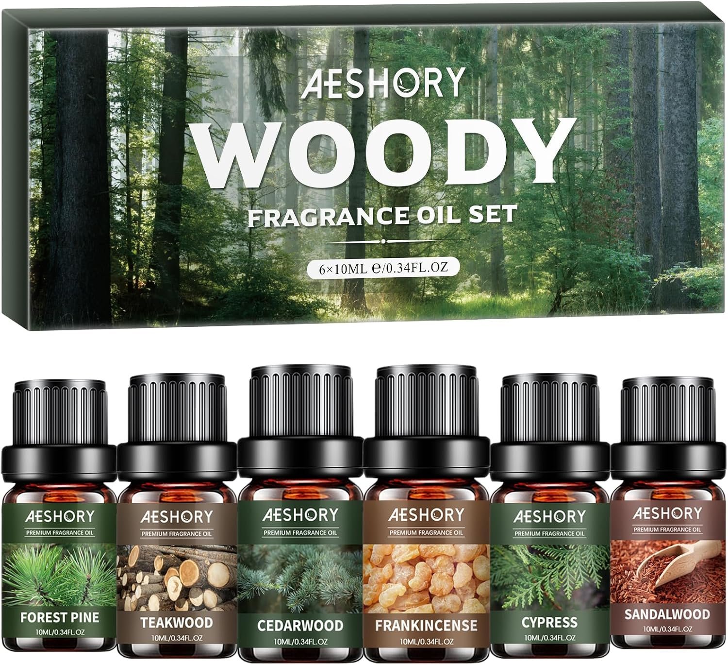 Woody Essential Oils Set – 6x10ML Woody Scents Fragrance Oil for Candle Making, Diffuser – Teakwood, Sandalwood, Cedarwood, Cyperss, Forest Pine, Frankincense Aromatherapy Oils