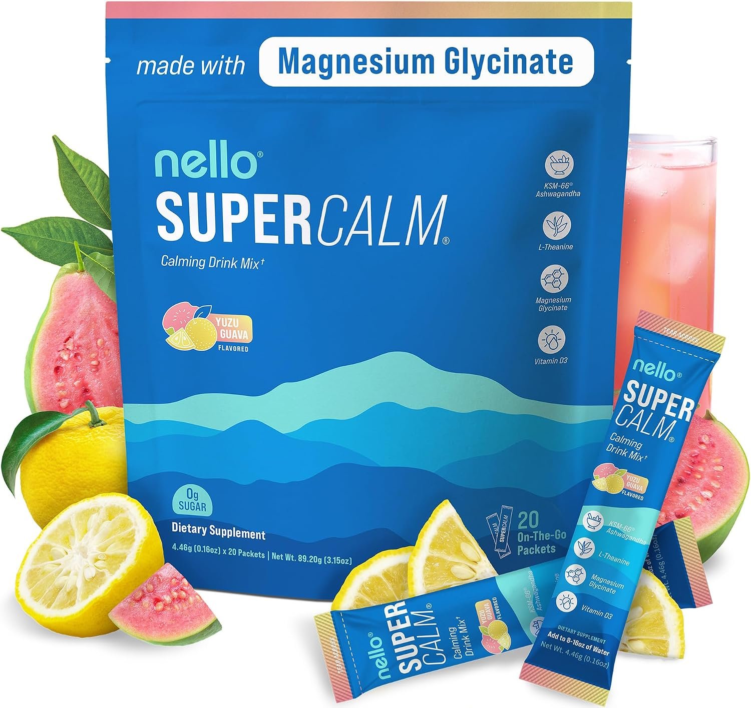 Nello Supercalm Powdered Drink Mix, Cortisol Reducer* and Sleep Aid Supplement, L Theanine, Ksm-66 Ashwagandha, Magnesium Glycinate, Vitamin D 3, No Sugar, Non GMO, On The Go, 20 Ct, Yuzu Guava