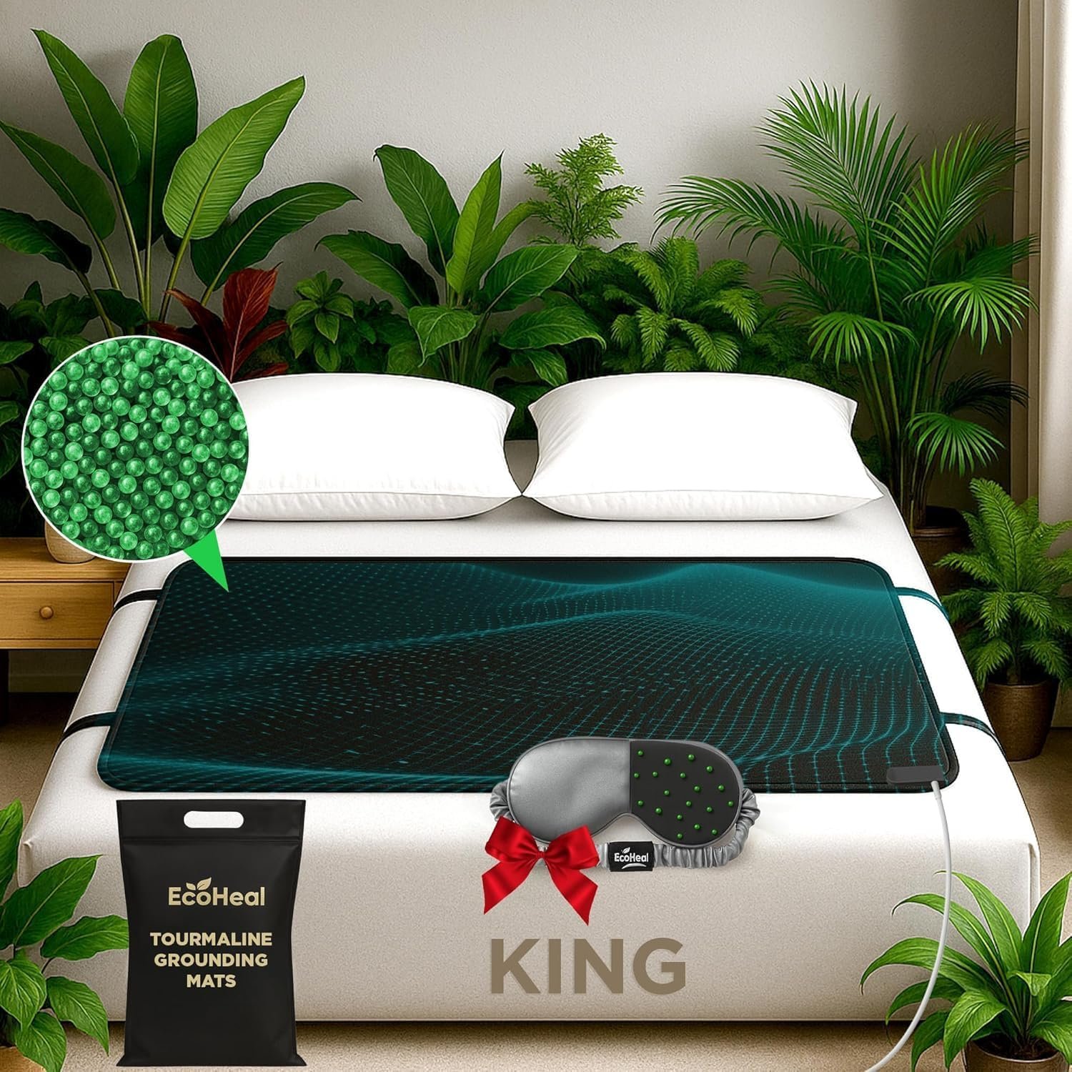 Luxury Tourmaline Grounding Mat for Bed – King 75” x 27” Conductive PU Leather Surface, Quality Certified, Includes Silver Sleep Mask & 15ft Cord