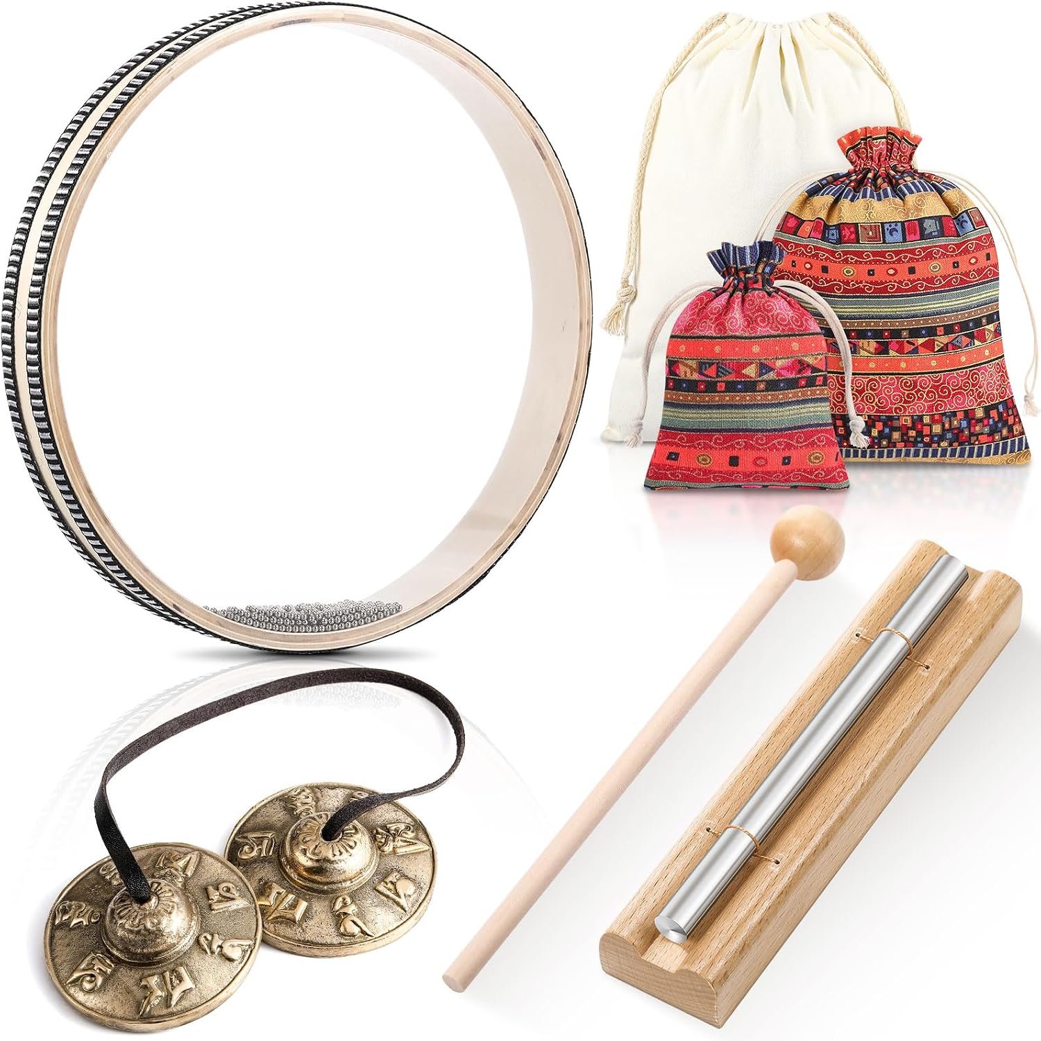 3 Sets Meditation Instrument Include Tibetan Tingsha Cymbals One Tone Hand Chime Bell with Drumstick and Wave Bead Sea Drum with Drawstring Cloth Bag for Teachers Classroom Management
