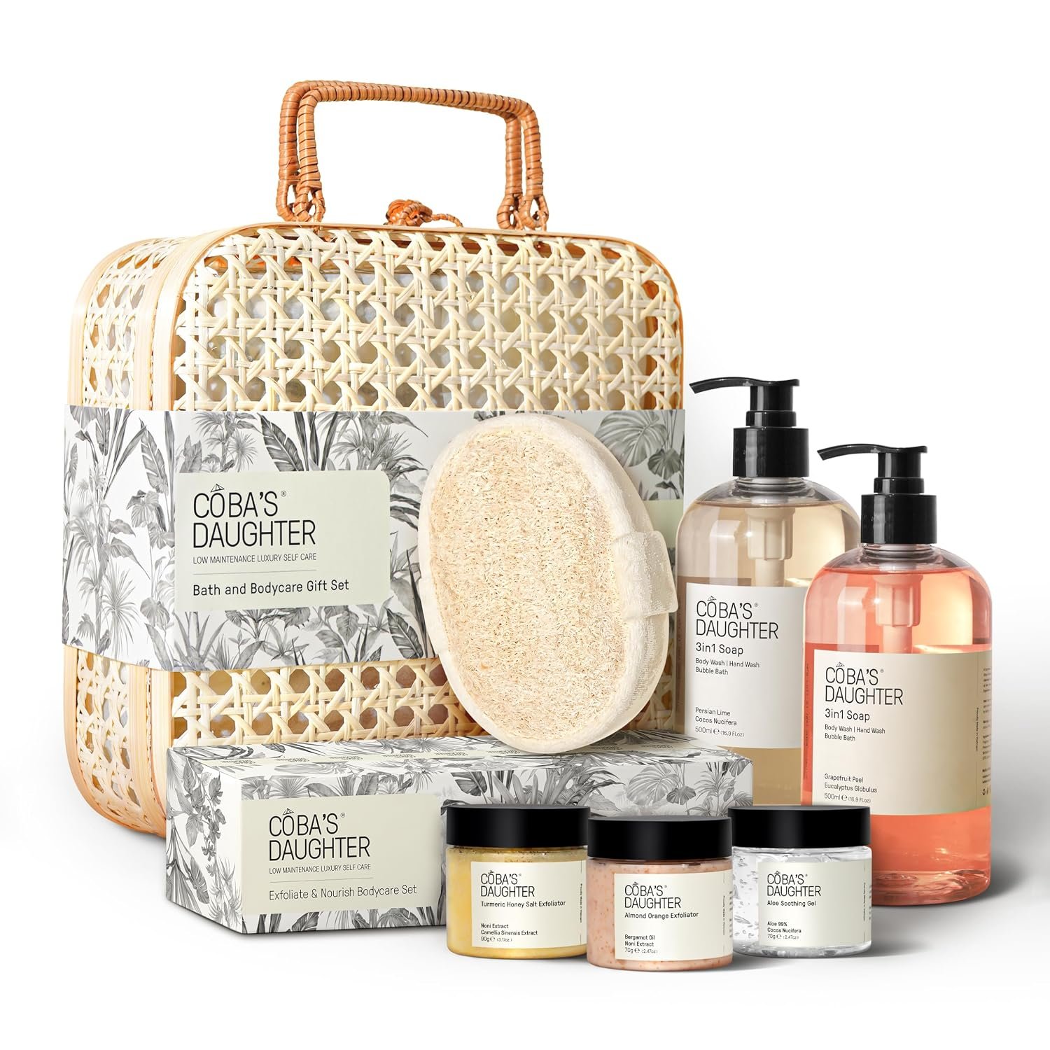 COBA’S DAUGHTER Luxury 7-Piece Bath & Body Gift Set with Rattan Case | Curated body wash, bubble bath & scrub | Gifted for holidays, birthdays & bridal showers