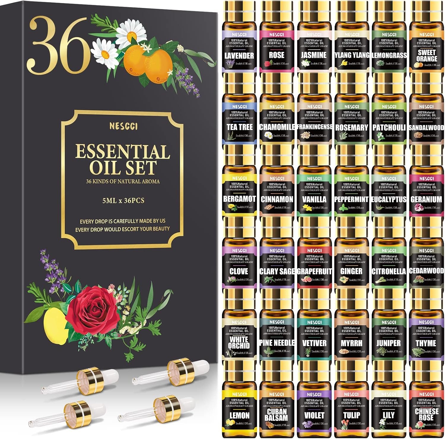 NESCCI Essential Oil Set – Essential Oils 36 x 5ML – Essential Oils Gift Set for Diffuser, Humidifier, Soap, Candle, Bath Bombs Making, Halloween, Christmas
