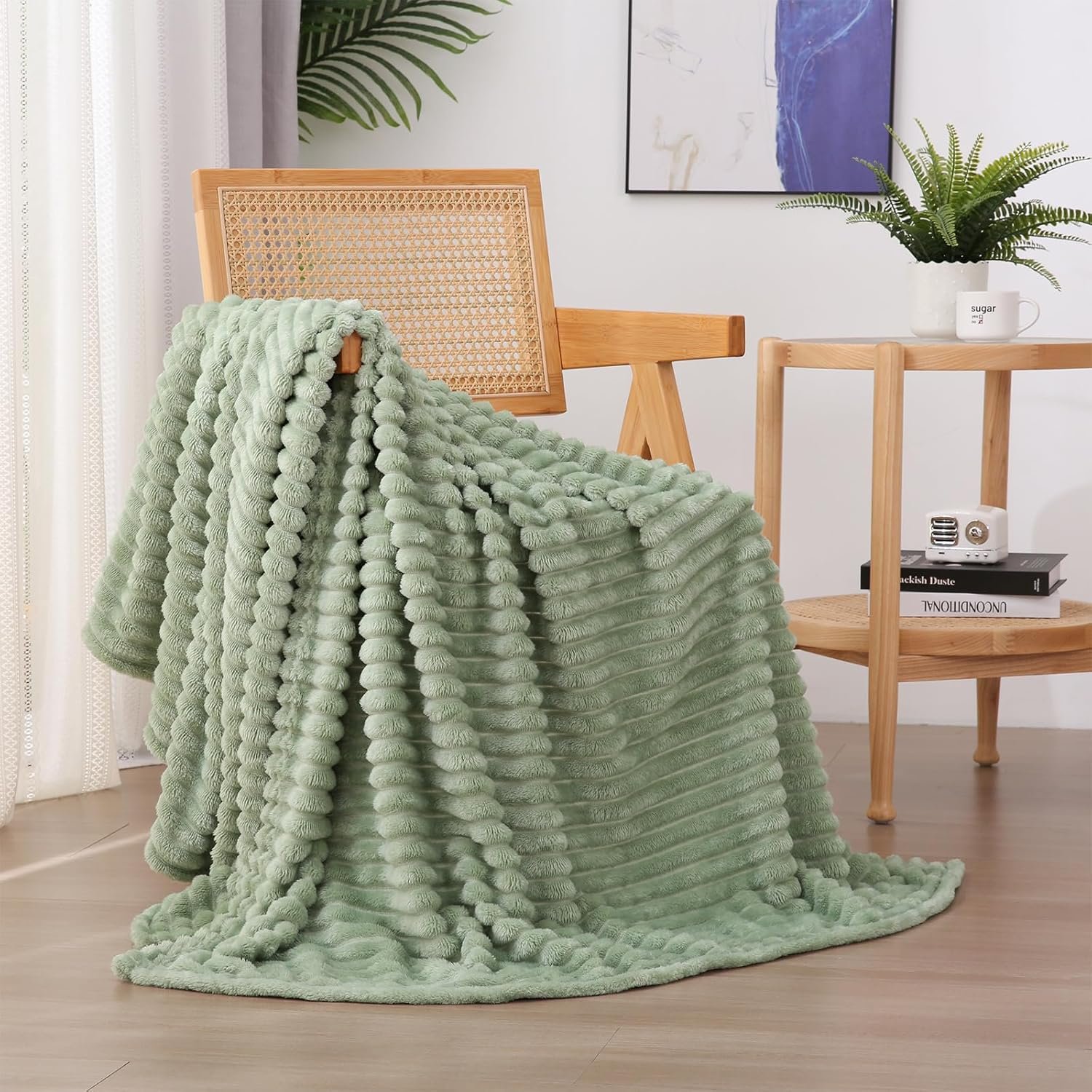 Sage Green Fleece Throw Blanket 50”×60” for Couch Sofa Bed,Super Soft Cozy Plush Microfiber Flannel Blanket with Stripes Design Lightweight for Adults,Woman