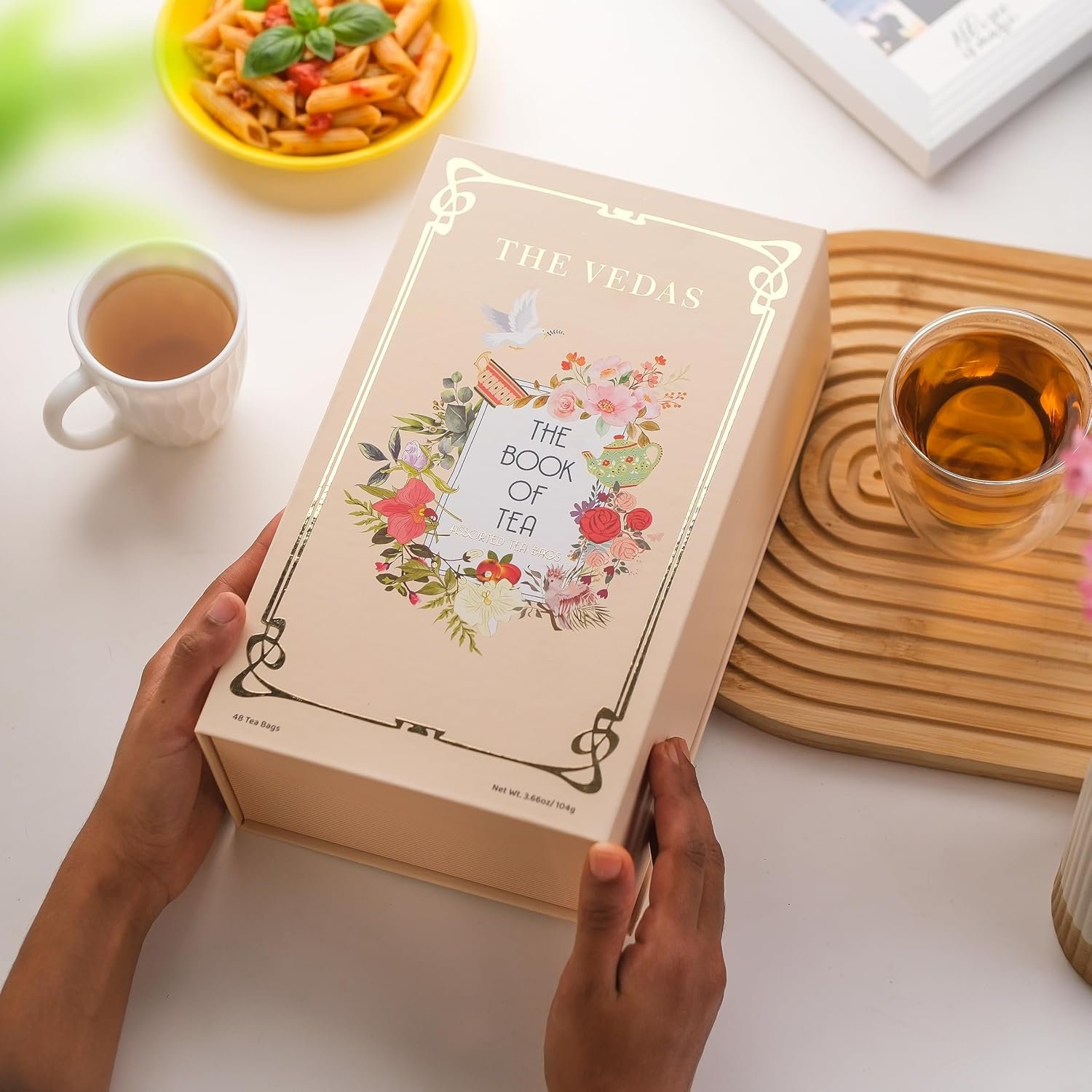 The Vedas Book Of Tea | Assorted Tea Bags Gift Box | 12 Exotic Herbal Tea Blends In Handcrafted Cotton Tea Bags & Pyramid Teabags | 4 Units of Each Variety, Net 48 | Tea Gift Hamper | Tea sampler gift set box | Tea collection | Tea sets for women gift | Tea Gift Sets
