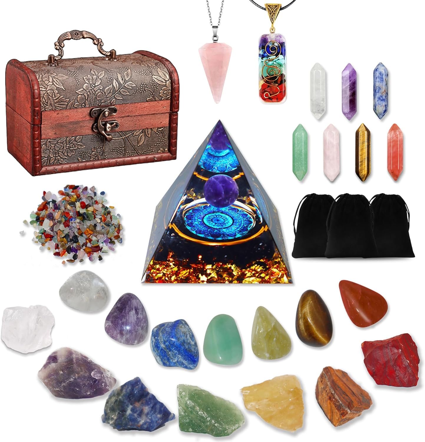 29pcs Healing Crystals Set, Crystals and Healing Stones,7 Raw Chakra Stones,7 Tumbled Stones, 7 Bullet Shaped Chakra Stones, 2 Chakra Necklace, Crystal Pyramid, Crystal Sets for Healing,Crystal Gifts