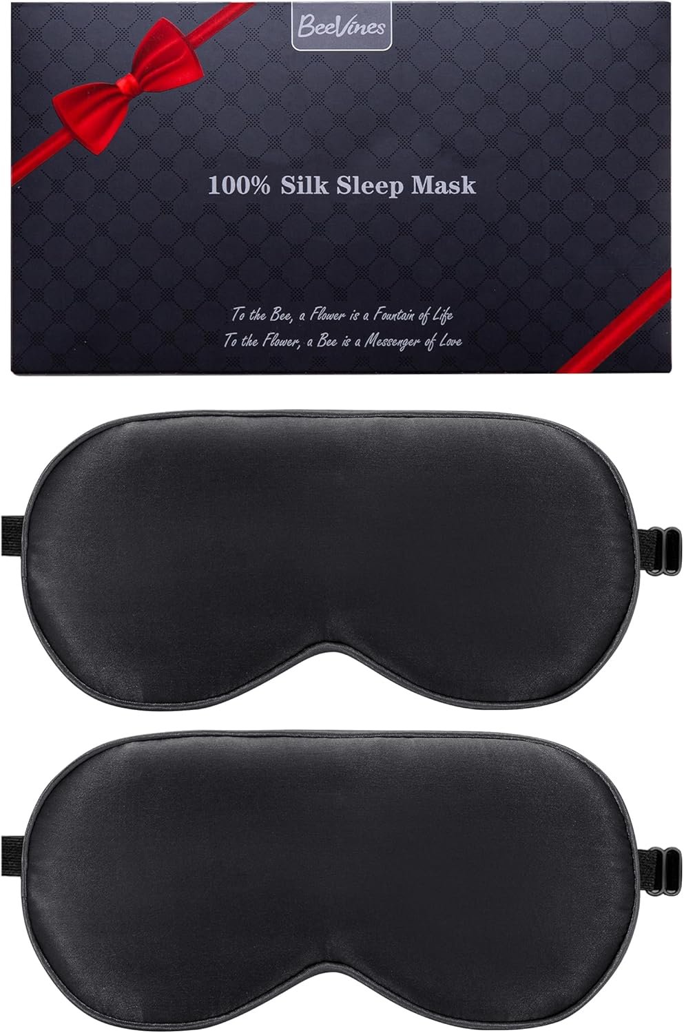 BeeVines Sleep Mask, 2 Pack 100% Real Natural Silk Eye Masks with Adjustable Strap for Sleeping, Mulberry Silk Eye Sleep Shade Cover, Blocks Light Reduces Puffy Eyes Traveling Gifts (Black &Black)