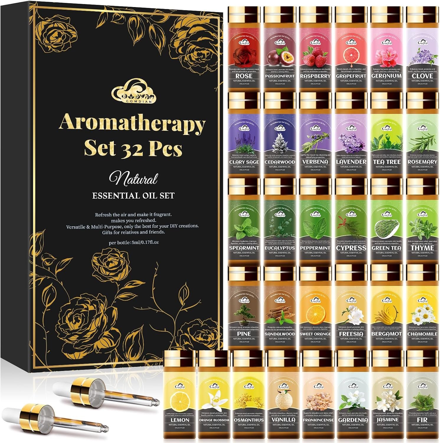 Essential Oil Set, 32 Pcs Fragrance Aromatherapy Oils for Skin, Diffusers, Home Care, Humidifier Laundry, Candle Making – Tea Tree, Sandalwood, Lavender, Vanilla, Eucalyptus and More(5mL)
