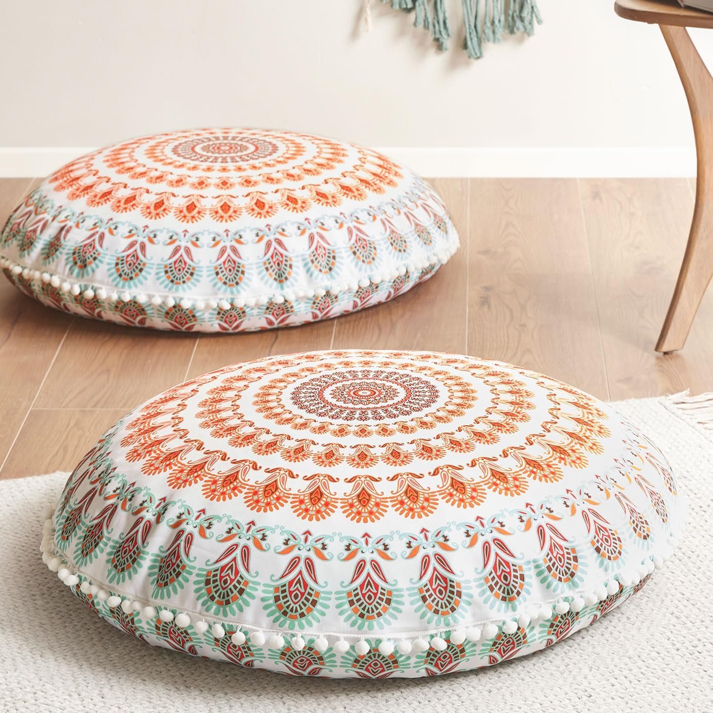 Codi Floor Pillows for Adults & Teens Set of 2, Large Boho Meditation Cushions with Memory Foam, Round Mandala Seating for Yoga, Home Office, Dorm Room, Washable, 32 Inch, Coral