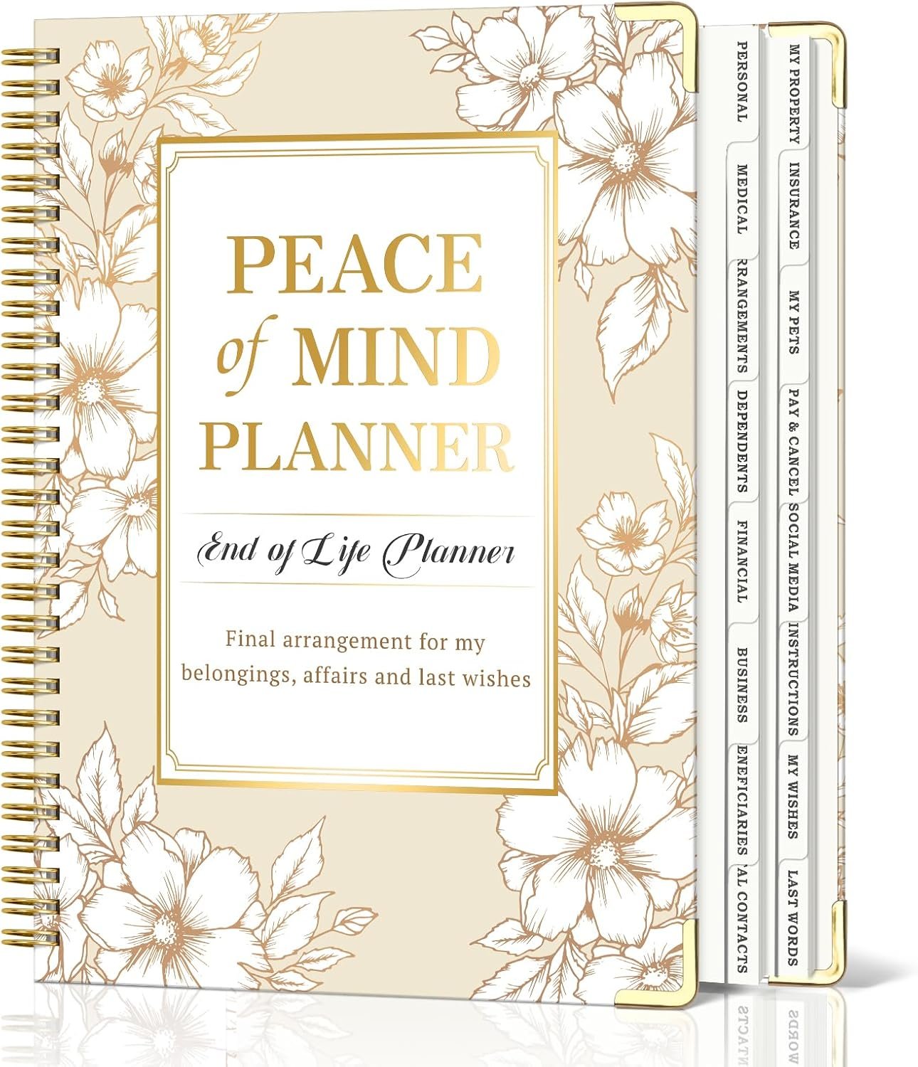 Peace of Mind Planner, Spiral End of Life Planner with Tabs for Senior, Guided Estate Planning Organizer for Final Arrangements & Important Affairs, 7.9″x10.6″, Flower