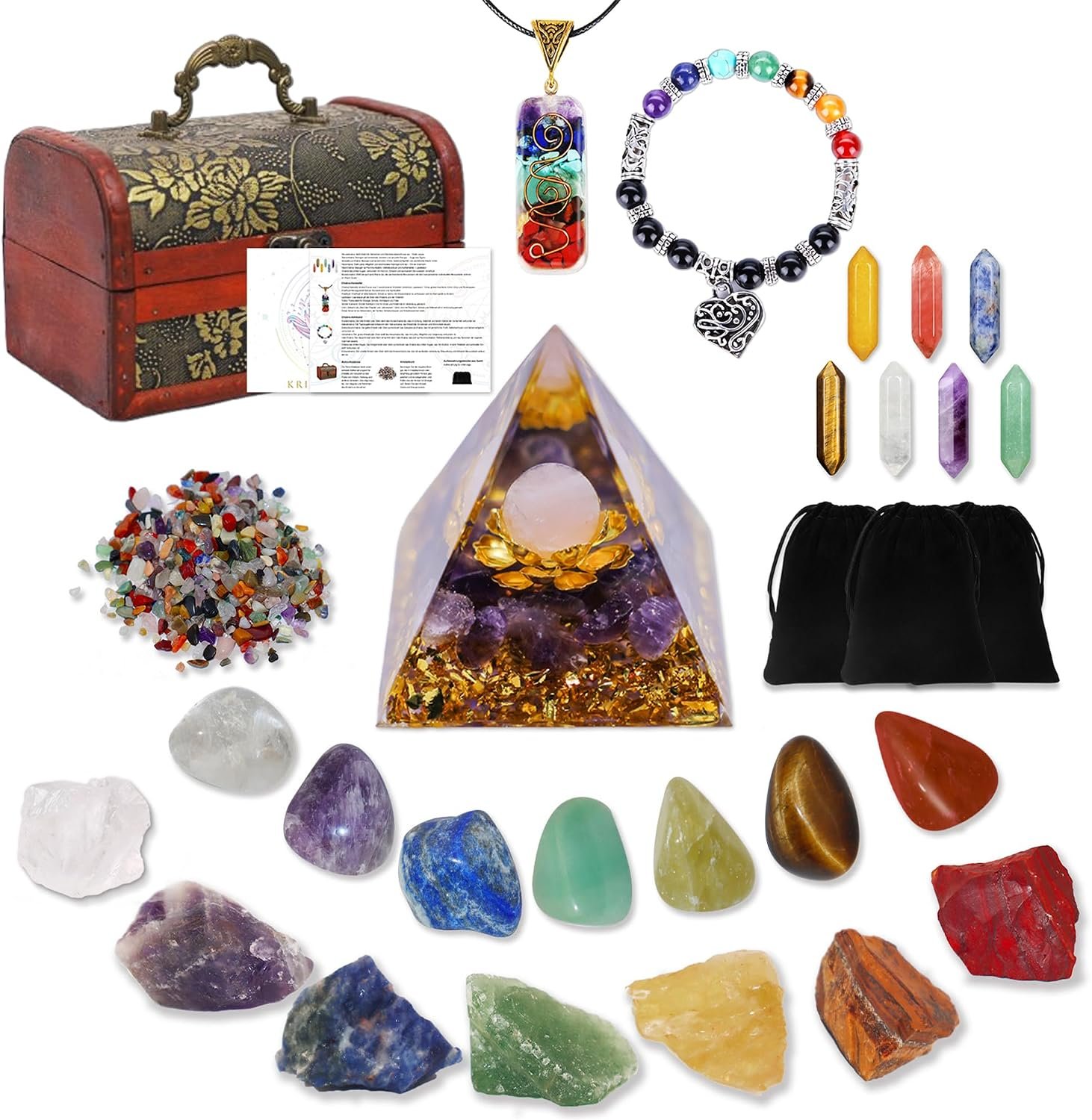 Chakra Healing Stones Set – 7 Raw & 7 Tumbled Crystals with 7 Bullet Shaped Stones, Chakra Necklace, Healing Bracelet & Orgone Pyramid – Spiritual Gift for Reiki, Meditation, Energy Balancing