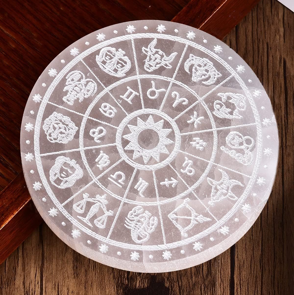 JIC Gem Round Etched Selenite Charging Plate 12 Star Engraved Selenite Slab Healing Crystal Charging Station 4 Inch