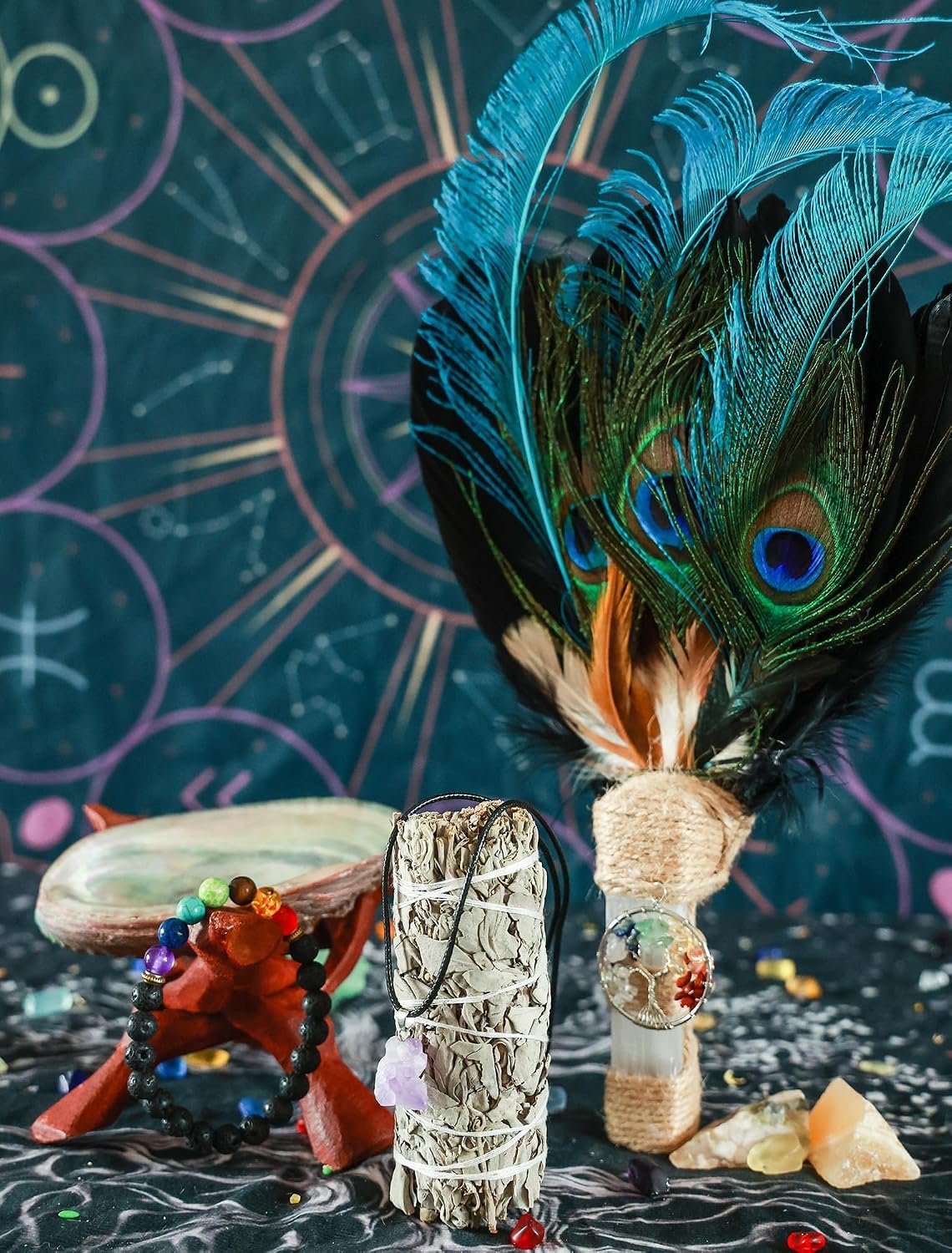 Smudging Home Cleansing Kit with Smudge Feather, White Sage Smudge Sticks, Abalone Shell Bowl & Stand, Chakra Stone Bracelet | Healing Incense for Cleansing, Blessing, Protection, Meditation