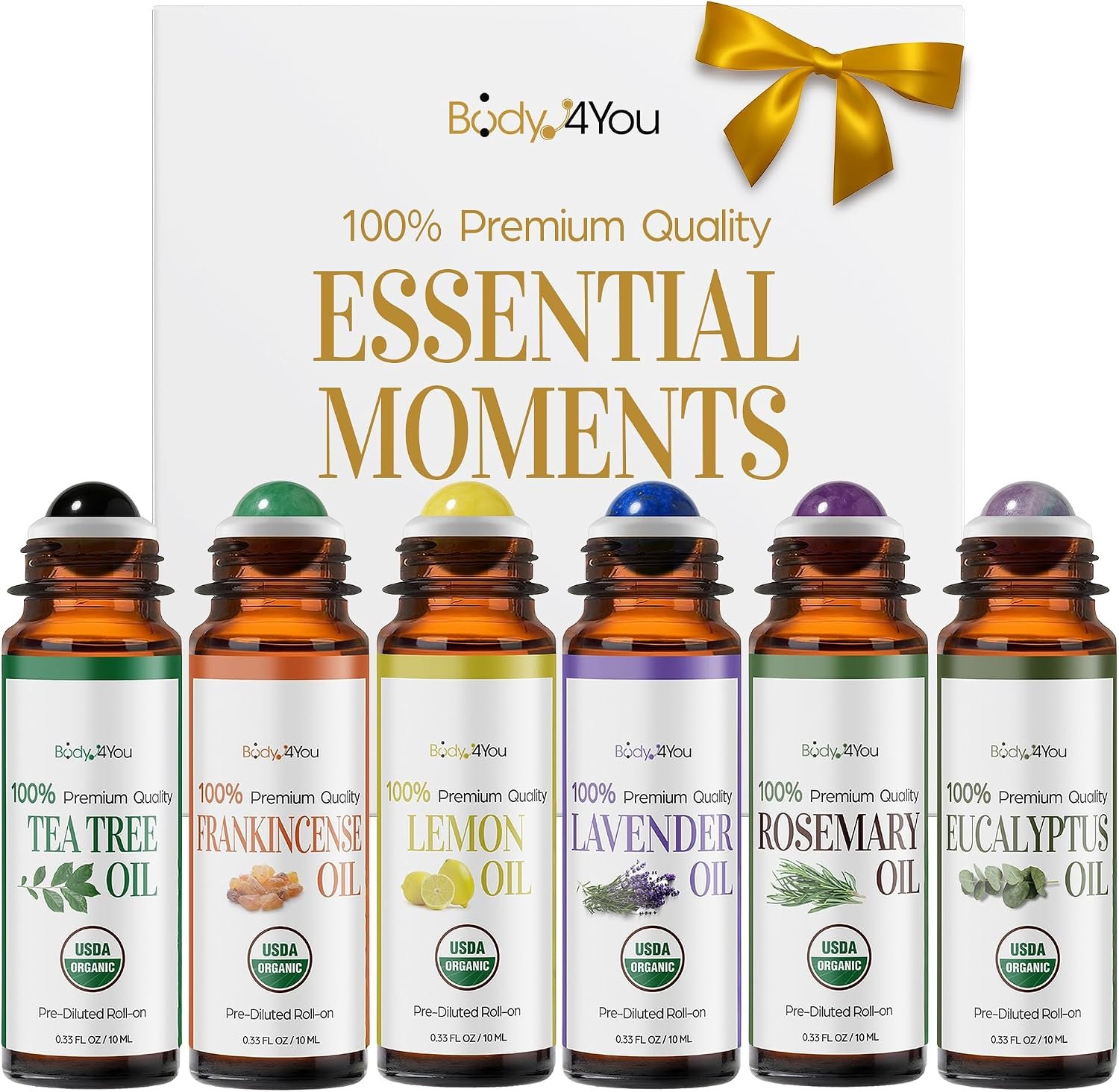 6PC Essential Oils Gift Set – Tea Tree Rosemary Eucalyptus Frankincense Lemon Lavender – Pure 100% USDA Organic – Skin Scalp Hairline Roots Nails – Natural Stone Roller Amber Glass Bottle Gift Box