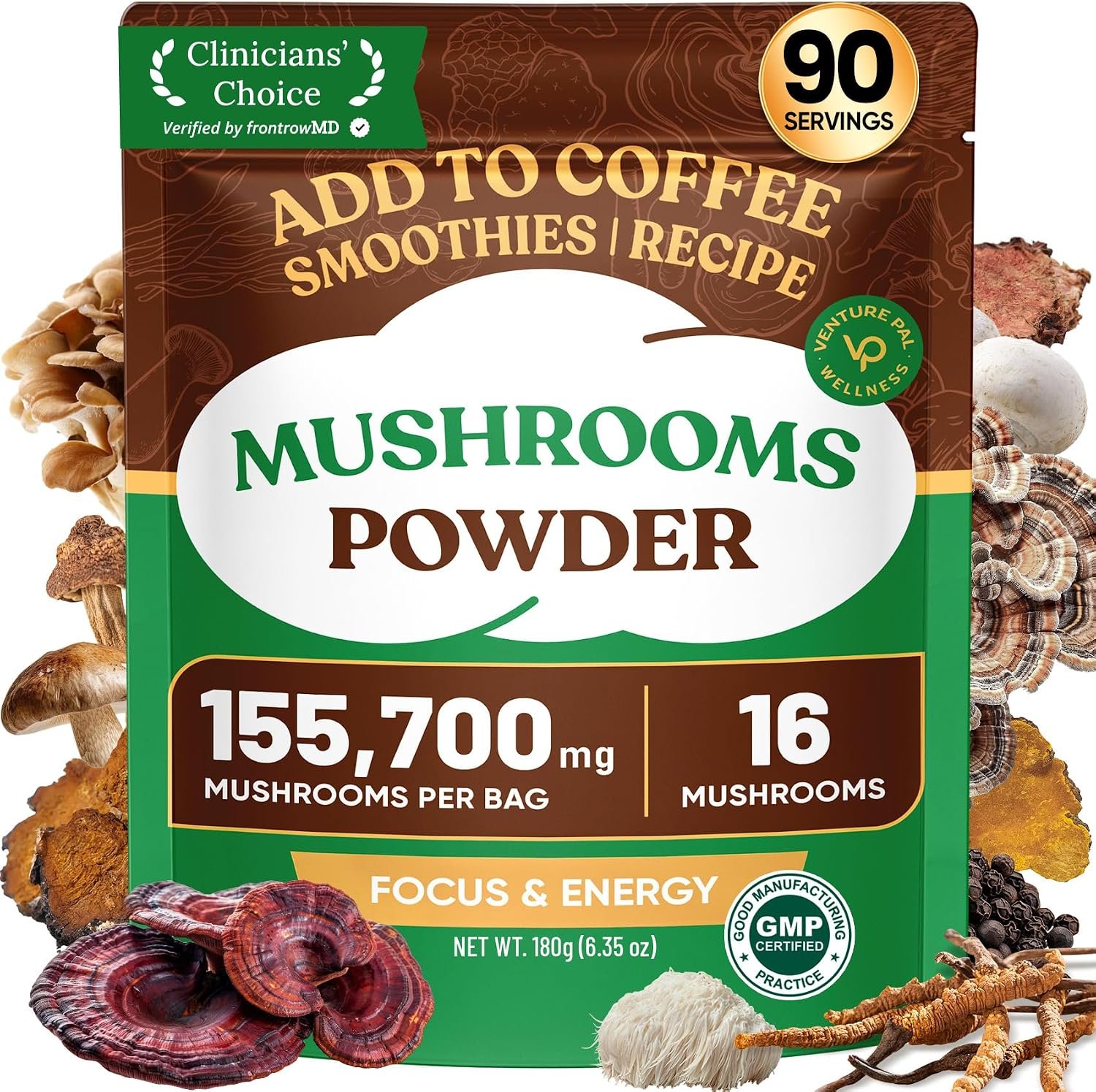 Venture Pal 16 in 1 Adaptogenic Mushroom Powder – 1,730mg Mushroom Coffee Alternative with Ashwagandha, Lion’s Mane, Chaga & More | 100% Fruiting Bodies | Support Immune, Focus & Energy (90 Servings)