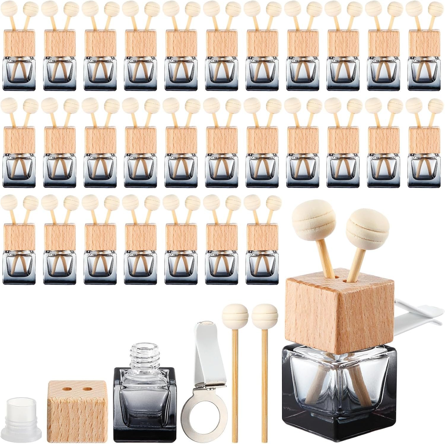Zubebe 30 Pcs Car Air Freshener Diffuser with Vent Clip Empty Car Diffuser Bottles for Essential Oil Perfume Glass Bottle with Wooden Caps Stick (Gradient Black)