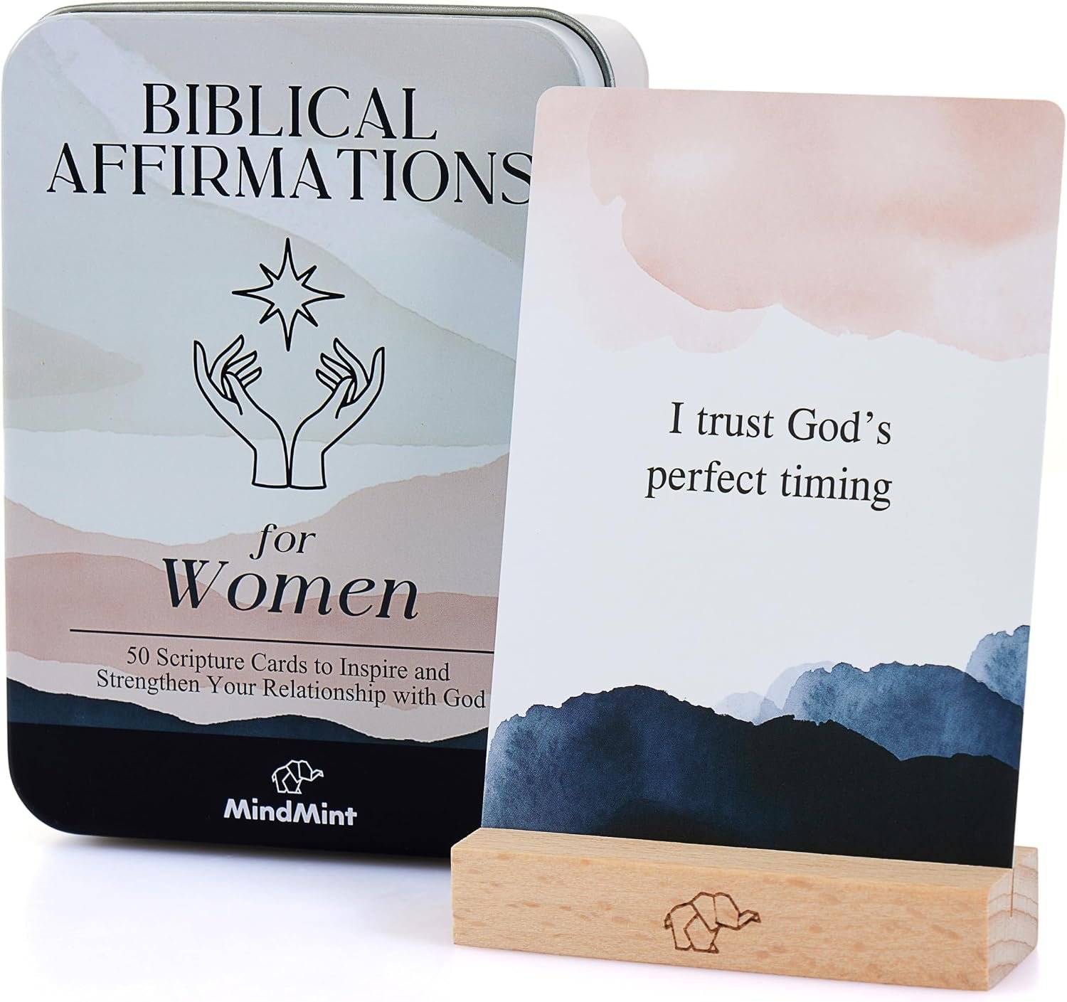Scripture Cards with Bible Verses – 50 Daily Biblical Affirmation & Spiritual Prayer Cards – Religious & Christian Faith-Based Gifts for Women – Comes with Metal Box & Wooden Stand