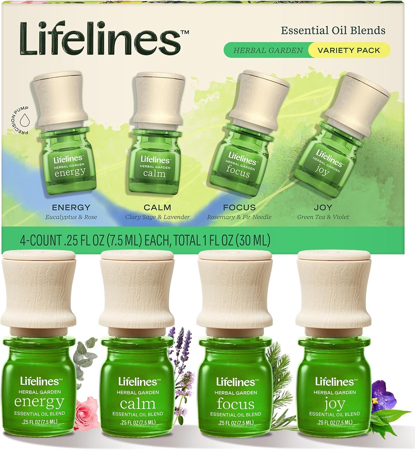 Lifelines Essential Oil Blends, 4-Pack – Blended Essential Oils with Precision Pump for Aromatherapy Diffusers – Long-Lasting Scented Fragrance – Herbal Garden (Joy, Calm, Focus & Energy)